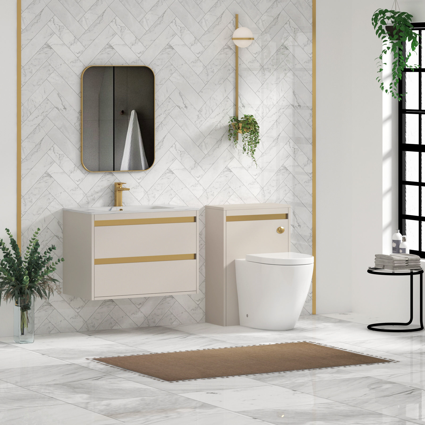 Orion Wall Hung Vanity Unit 2 Drawer Warm Taupe with Carrara White Basin