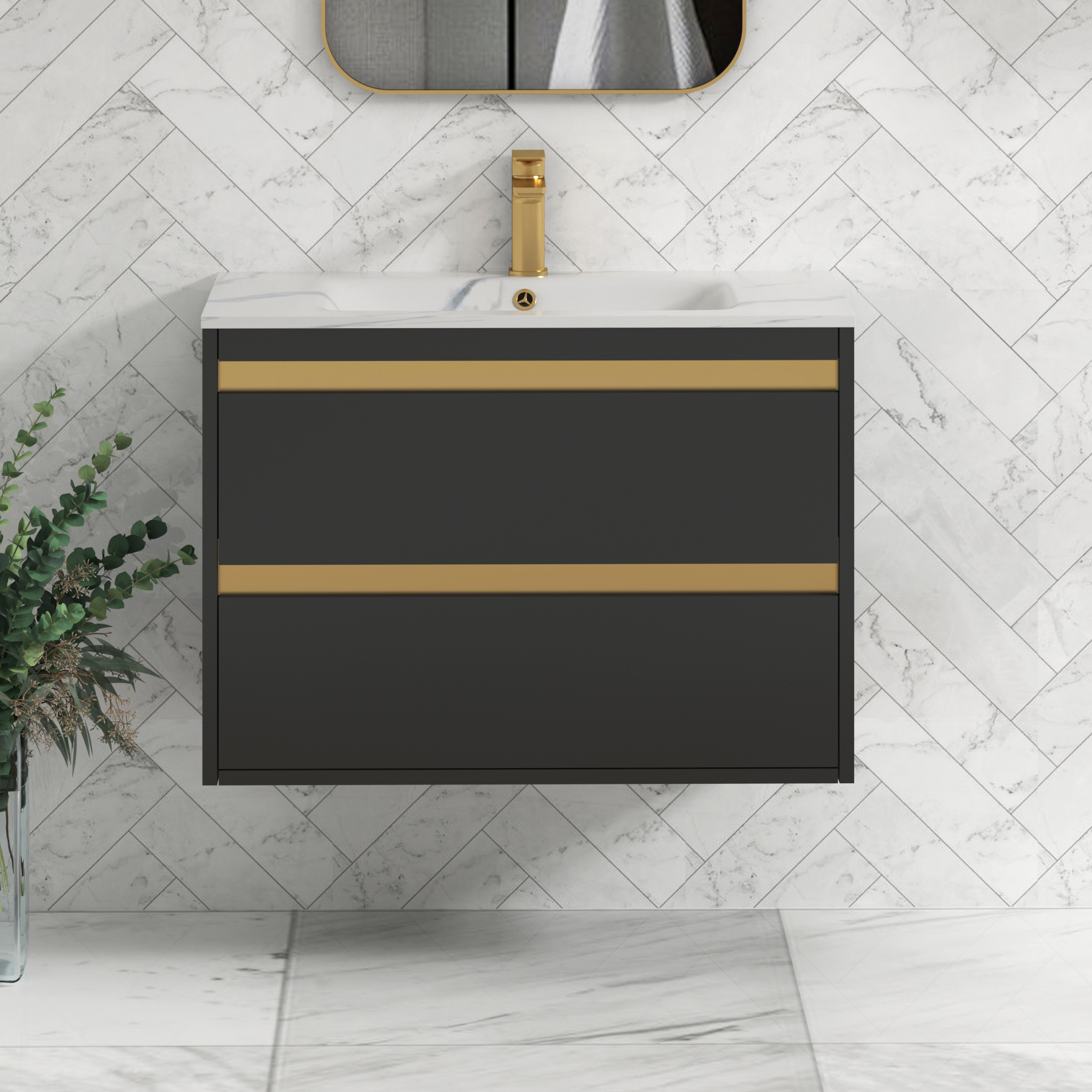 Orion Wall Hung Vanity Unit 2 Drawer Matt Obsidian Black with Carrara White Basin