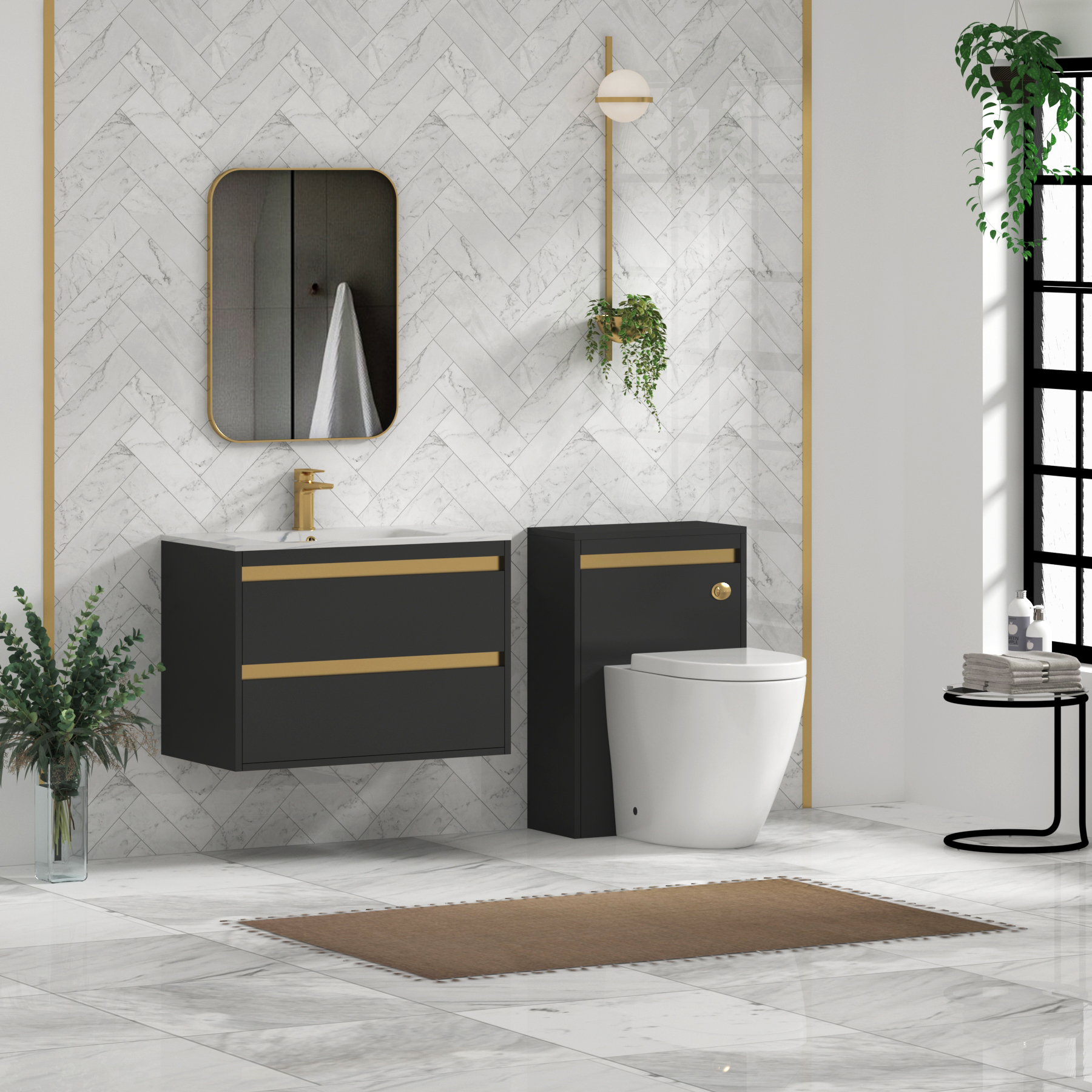 Orion Wall Hung Vanity Unit 2 Drawer Matt Obsidian Black with Carrara White Basin