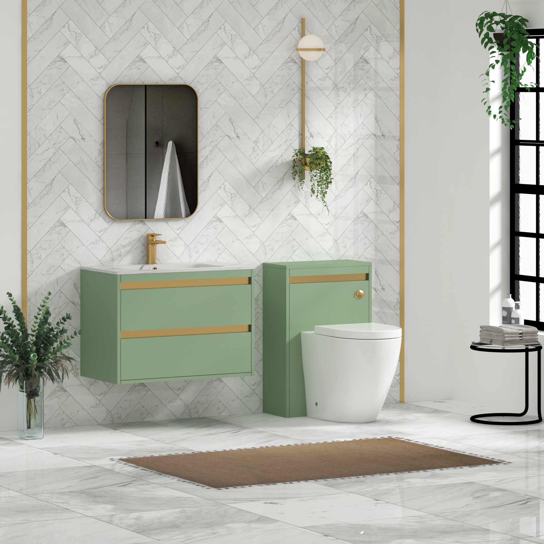 Orion Wall Hung Vanity Unit 2 Drawer Mint Sage with Carrara White Basin
