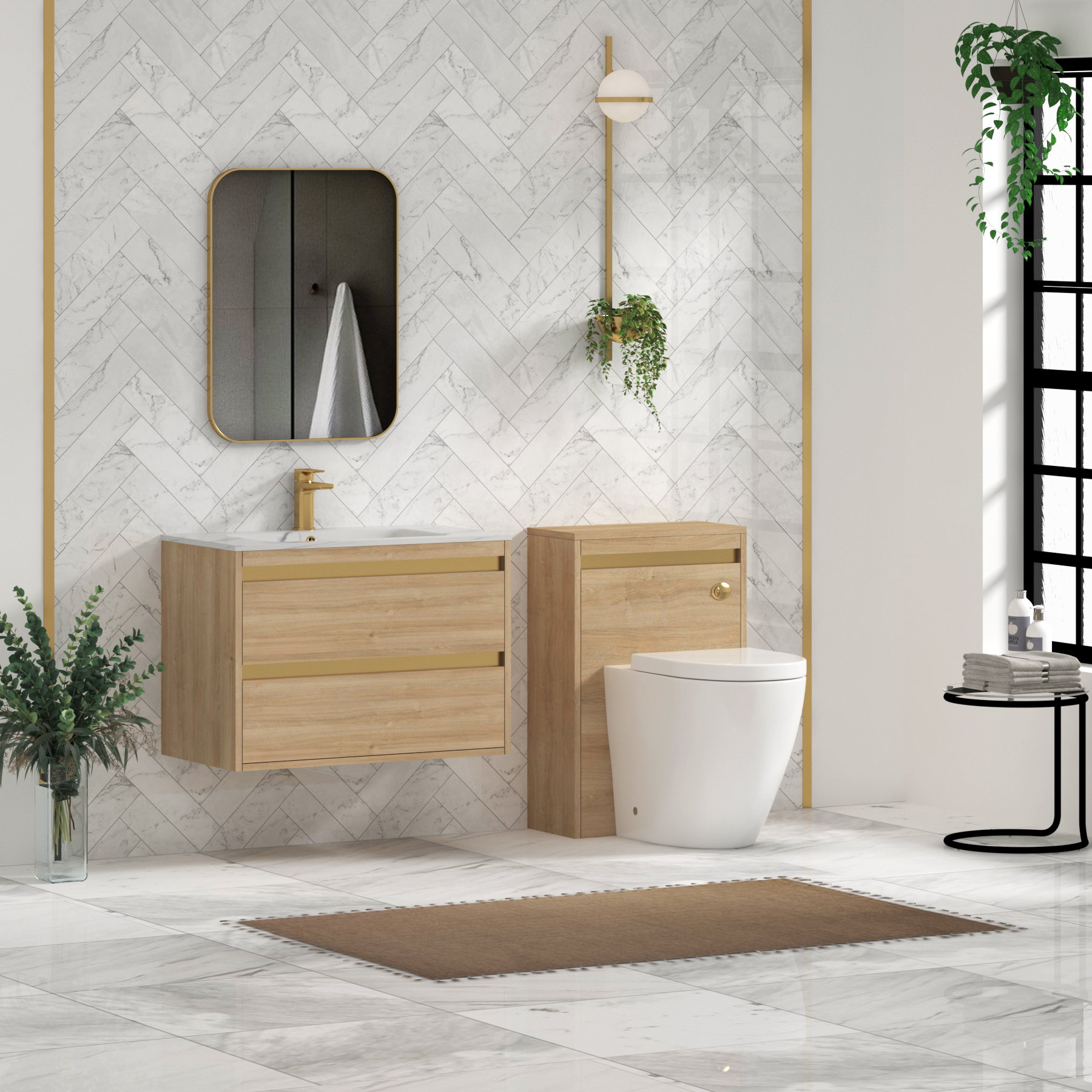 Orion Wall Hung Vanity Unit 2 Drawer Natural Oak with Carrara White Basin