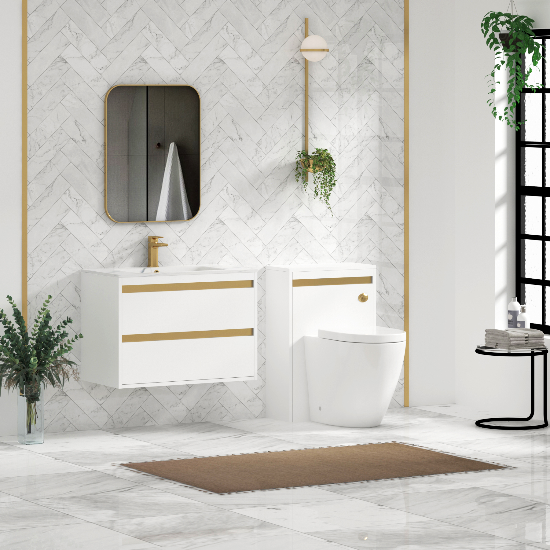 Orion Wall Hung Vanity Unit 2 Drawer Matt White with Carrara White Basin