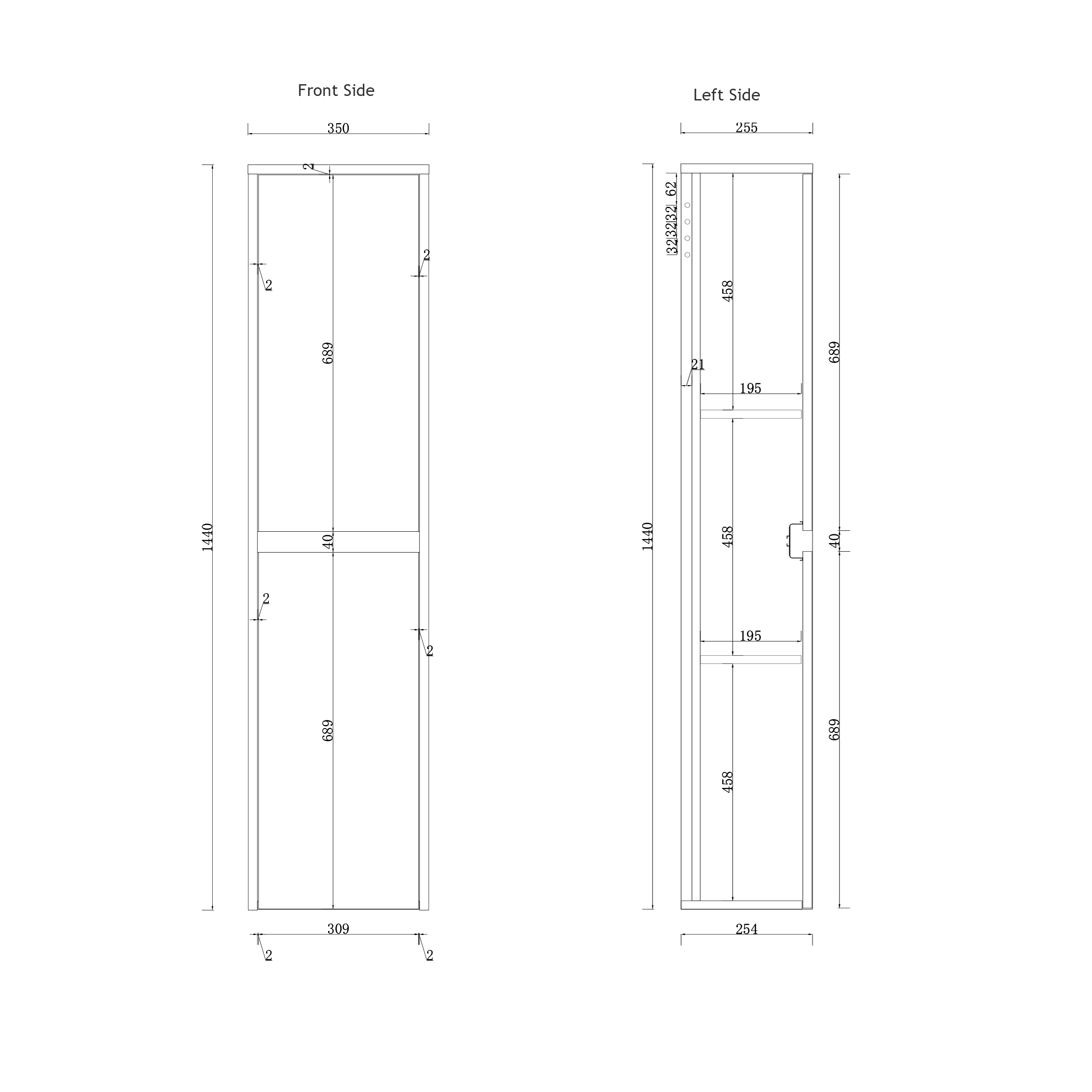 Orion 1440mm Matt White 2-Door Wall Hung Tall Boy Cabinet Unit with Chrome Accent Trim