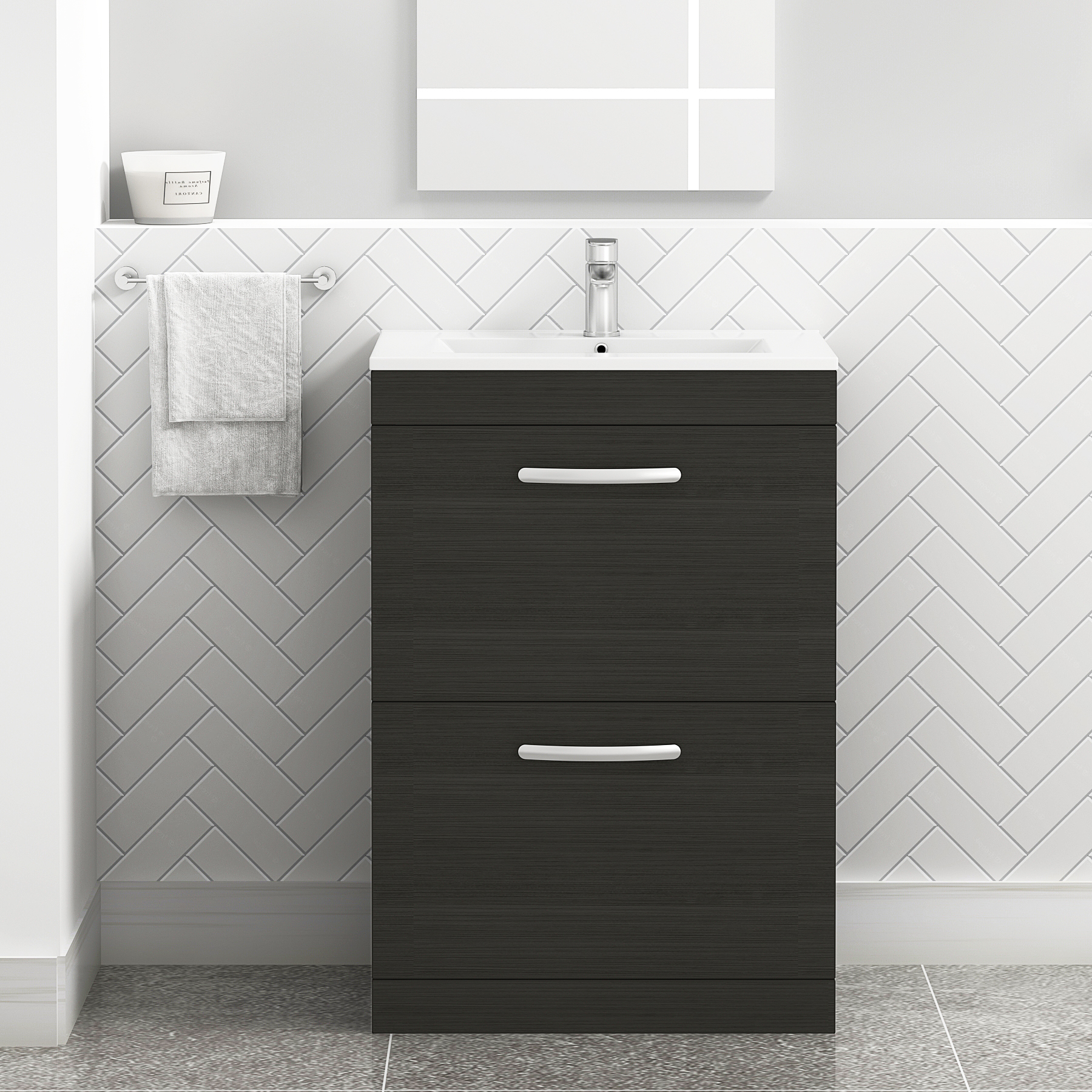 Turin Charcoal Oak 2 Drawer Floor Standing Vanity Unit with Minimalist Basin - Multiple Sizes