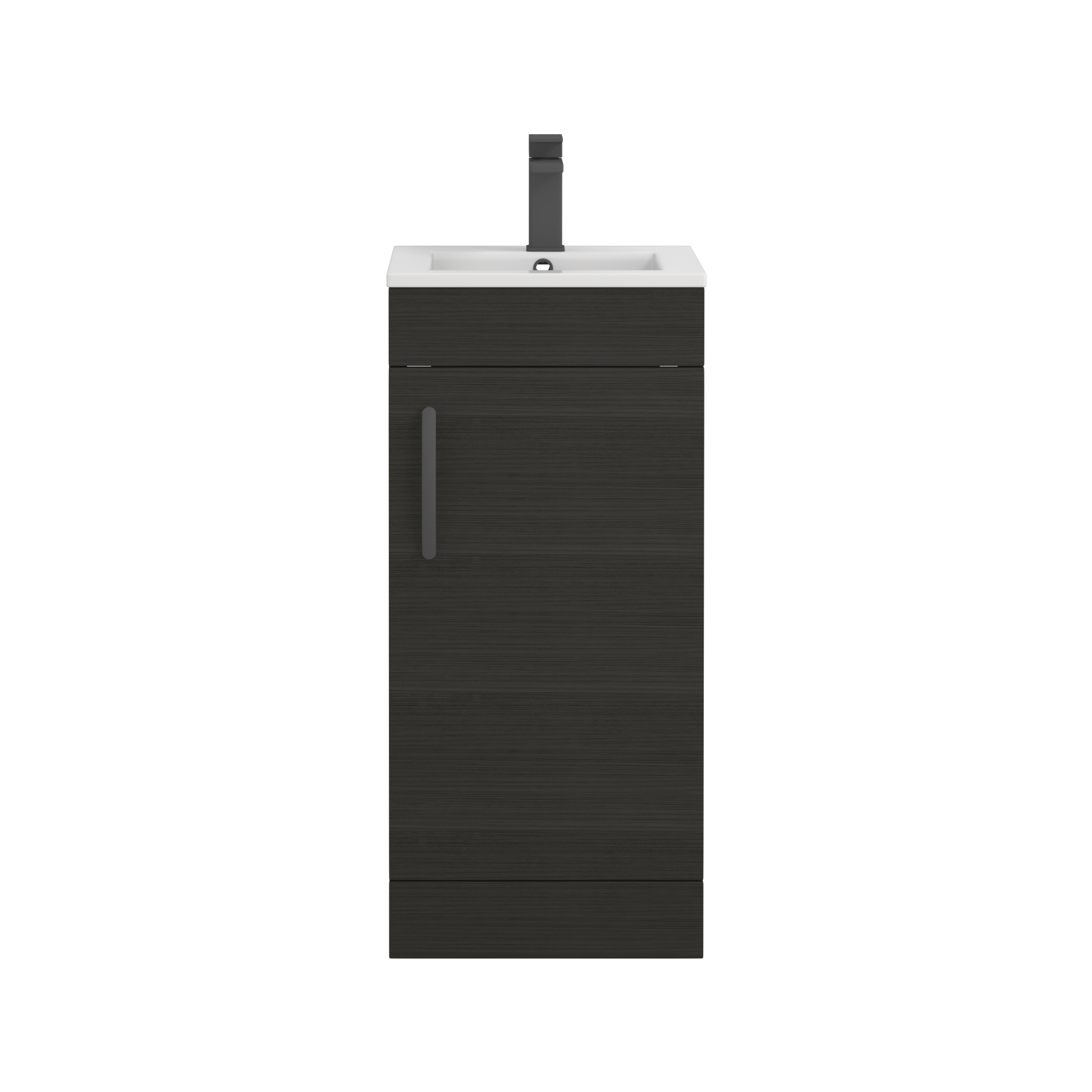 Turin 400mm Cloakroom Floor Standing Vanity Unit & Basin 1 Door Charcoal Oak with Matt Black Handle
