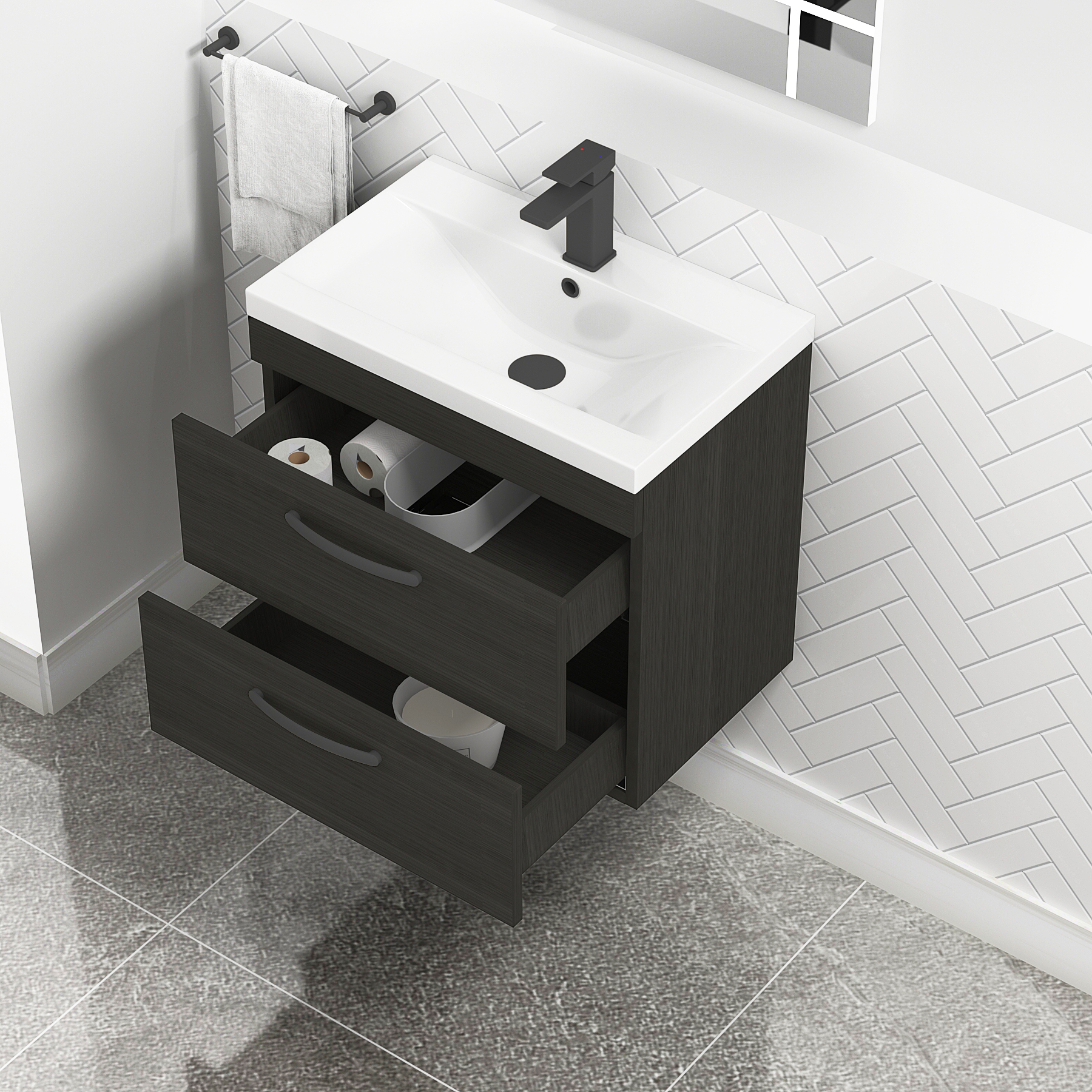 Turin 600mm Wall Hung Vanity Unit Charcoal Oak 2 Drawer - Mid-Edge Sink Unit with Matt Black Handle
