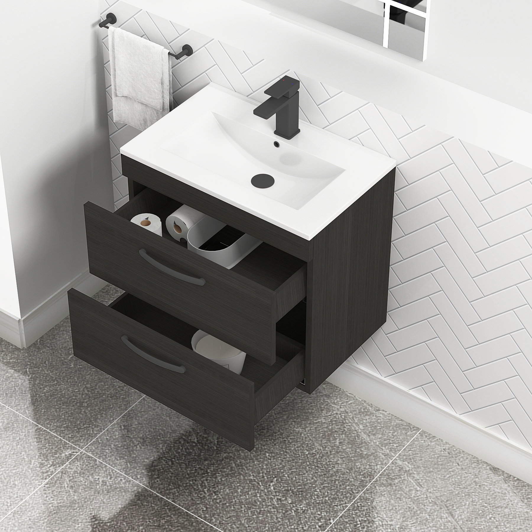 Turin 600mm Wall Hung Vanity Unit Charcoal Oak 2 Drawer - Minimalist Sink Unit with Matt Black Handle