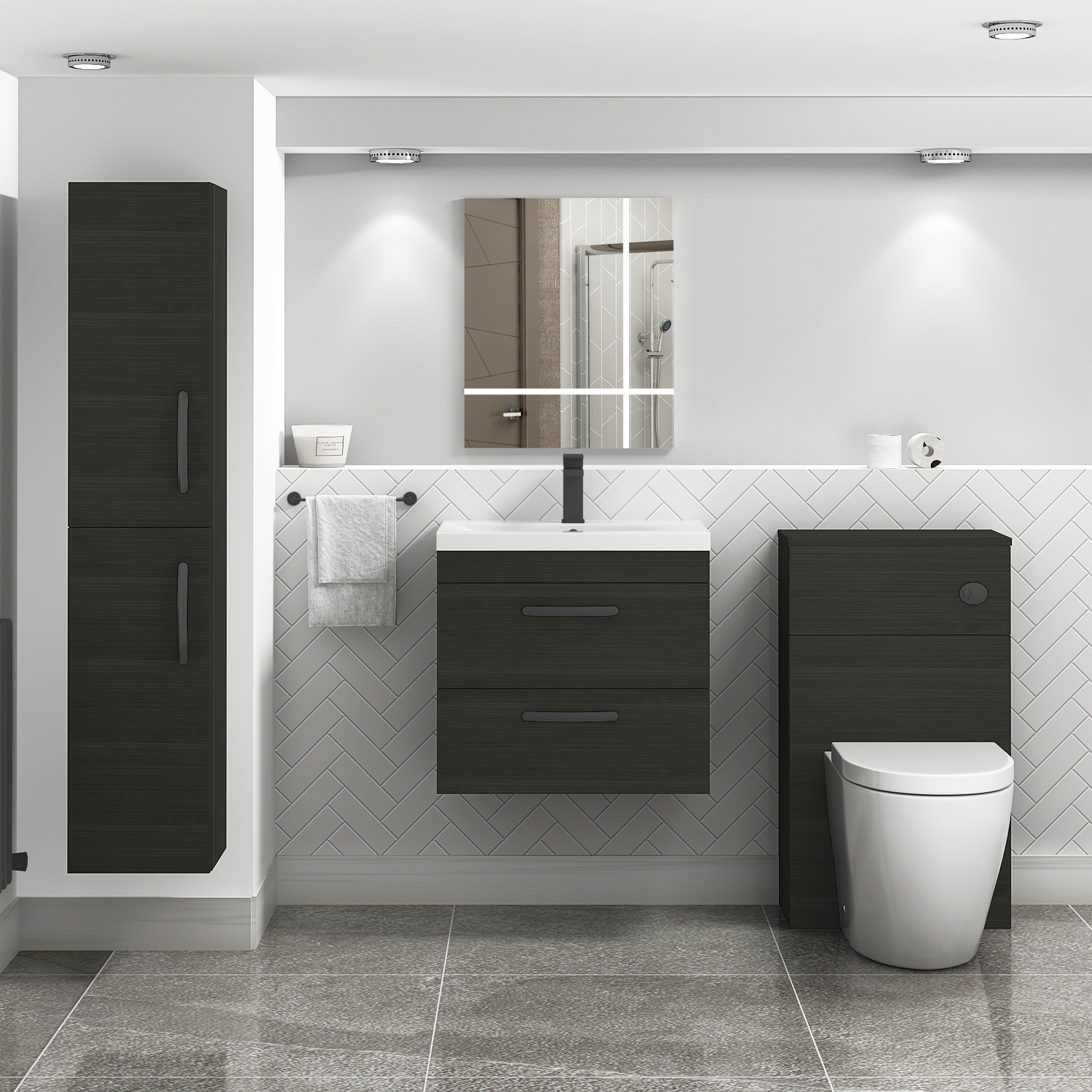 Turin 600mm Wall Hung Vanity Unit Charcoal Oak 2 Drawer - Mid-Edge Sink Unit with Matt Black Handle