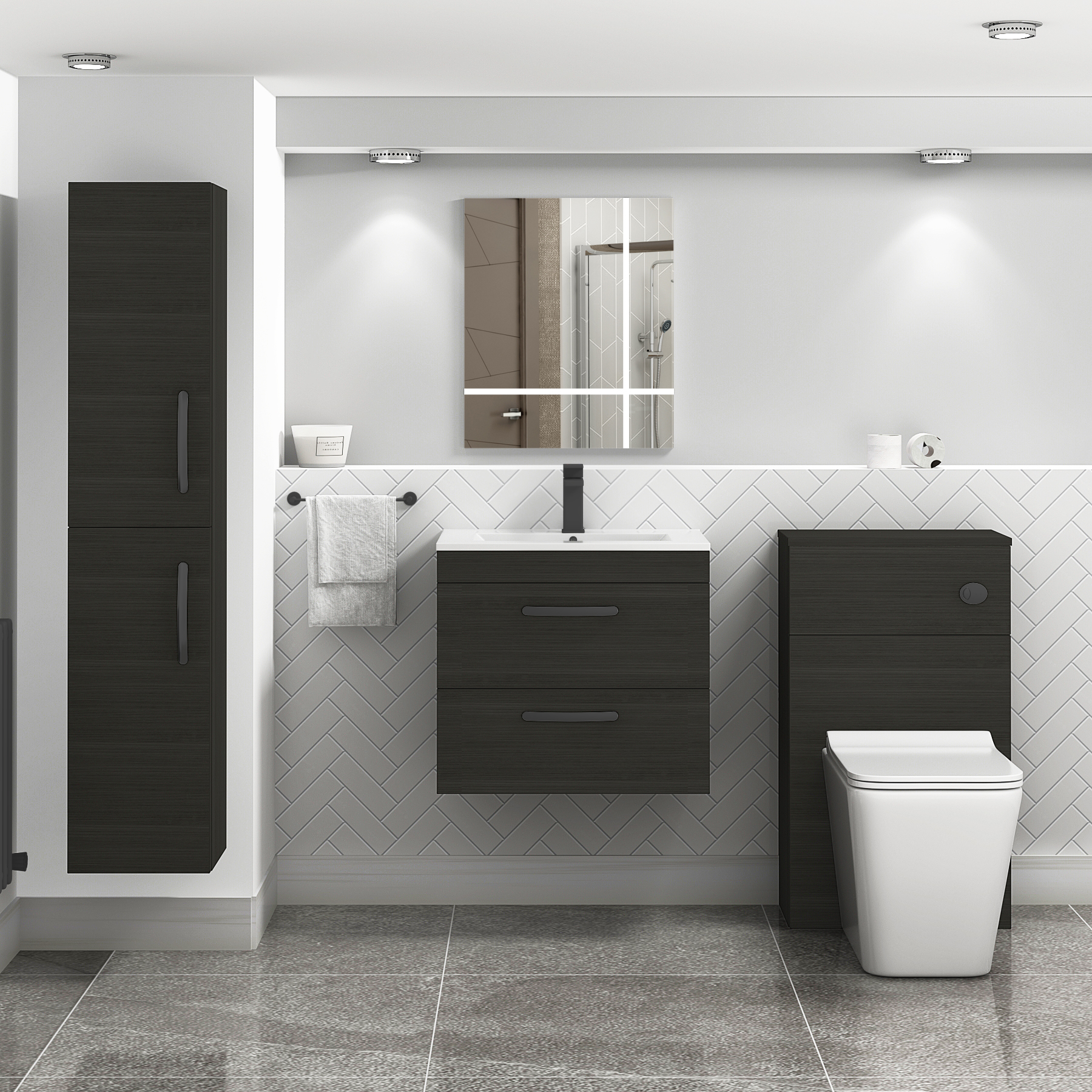 Turin 600mm Wall Hung Vanity Unit Charcoal Oak 2 Drawer - Minimalist Sink Unit with Matt Black Handle