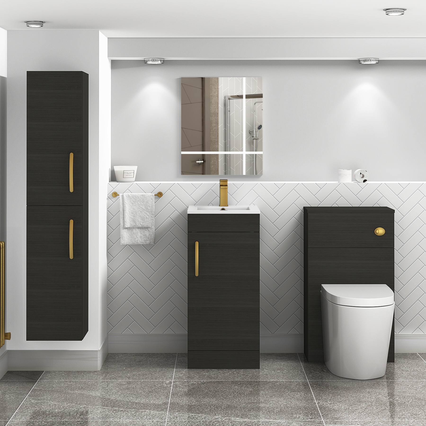 Turin 400mm Cloakroom Floor Standing Vanity Unit & Basin 1 Door Charcoal Oak with Brushed Brass Handle