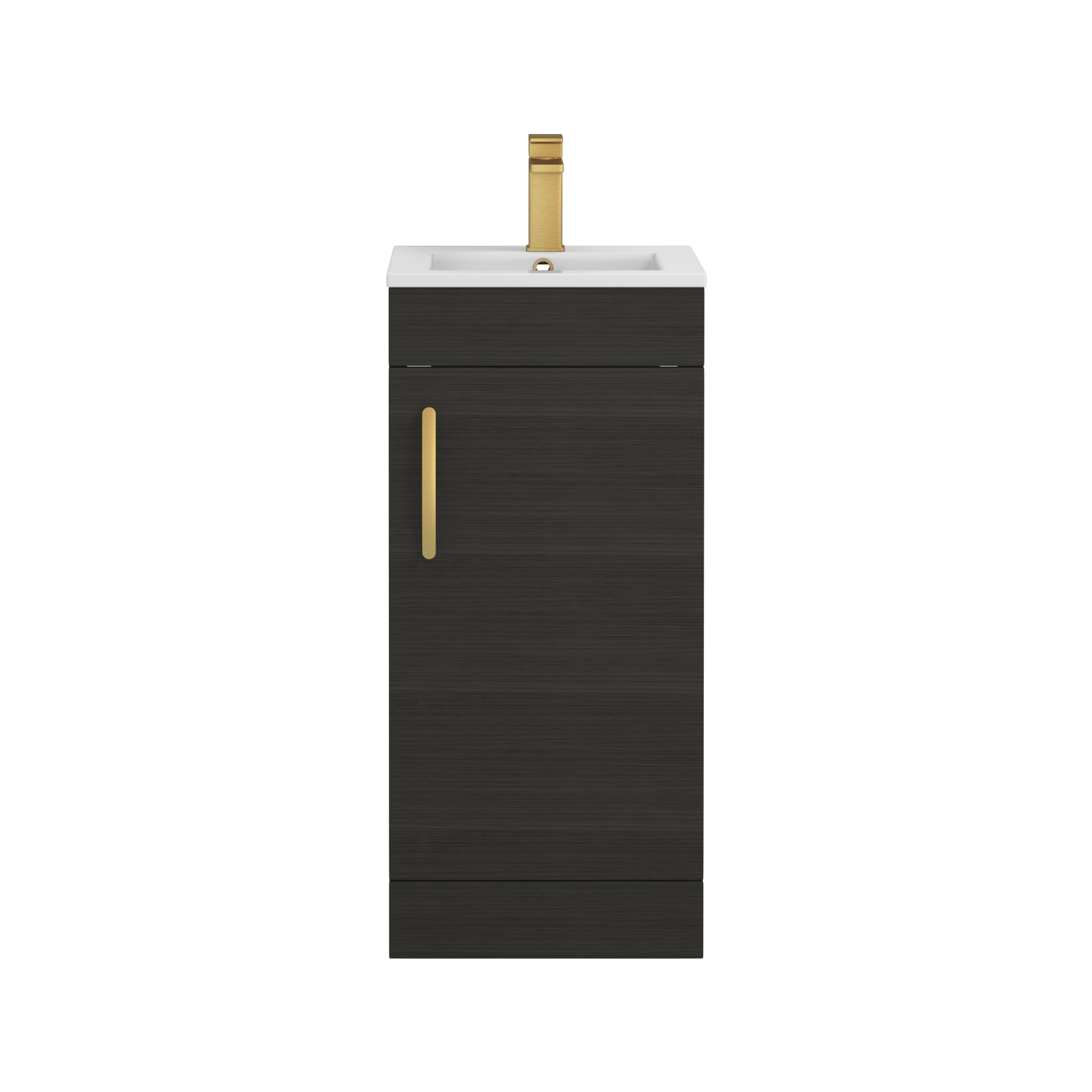 Turin 400mm Cloakroom Floor Standing Vanity Unit & Basin 1 Door Charcoal Oak with Brushed Brass Handle