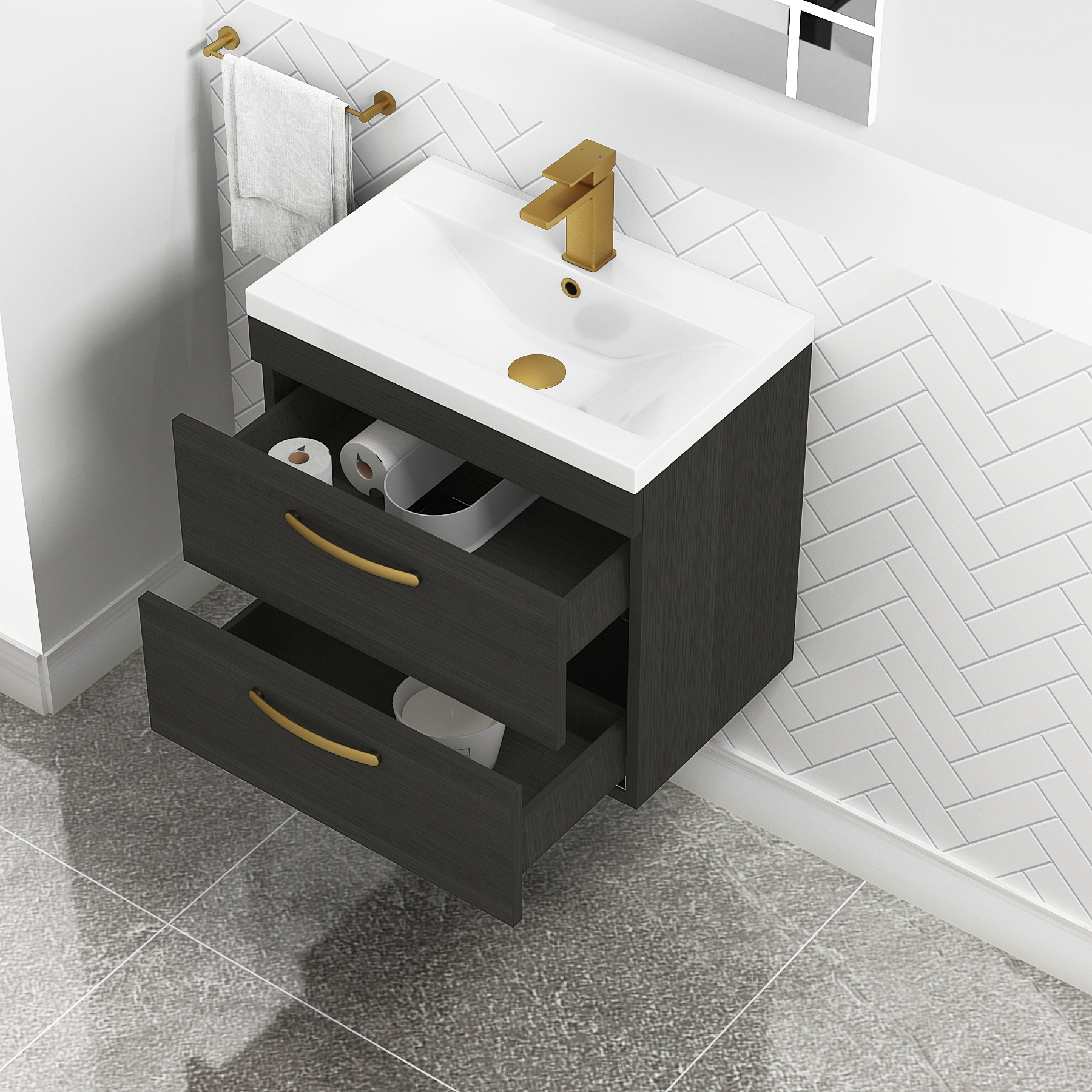Turin 600mm Wall Hung Vanity Unit Charcoal Oak 2 Drawer - Mid-Edge Sink Unit with Brushed Brass Handle