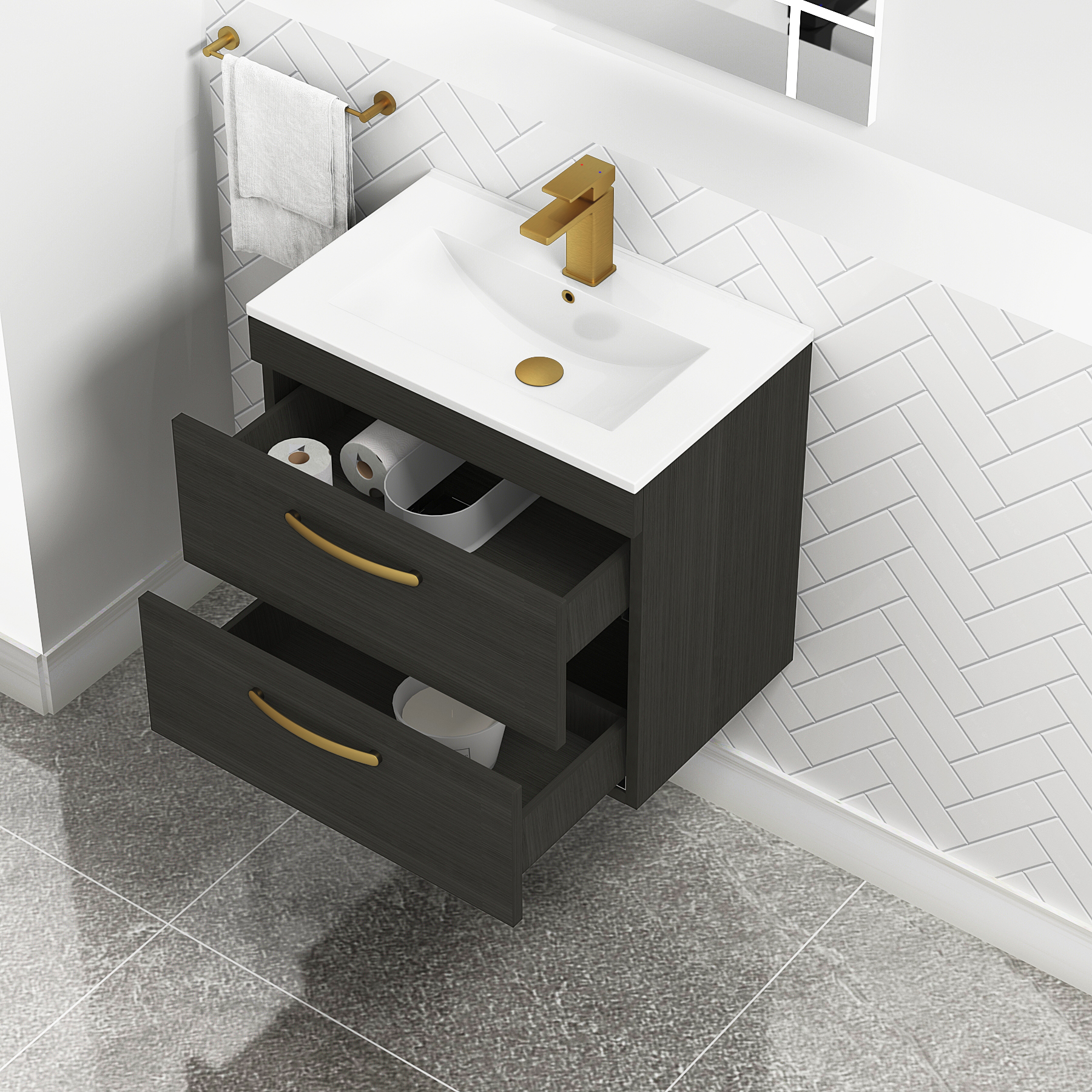 Turin 600mm Wall Hung Vanity Unit Charcoal Oak 2 Drawer - Minimalist Sink Unit with Brushed Brass Handle