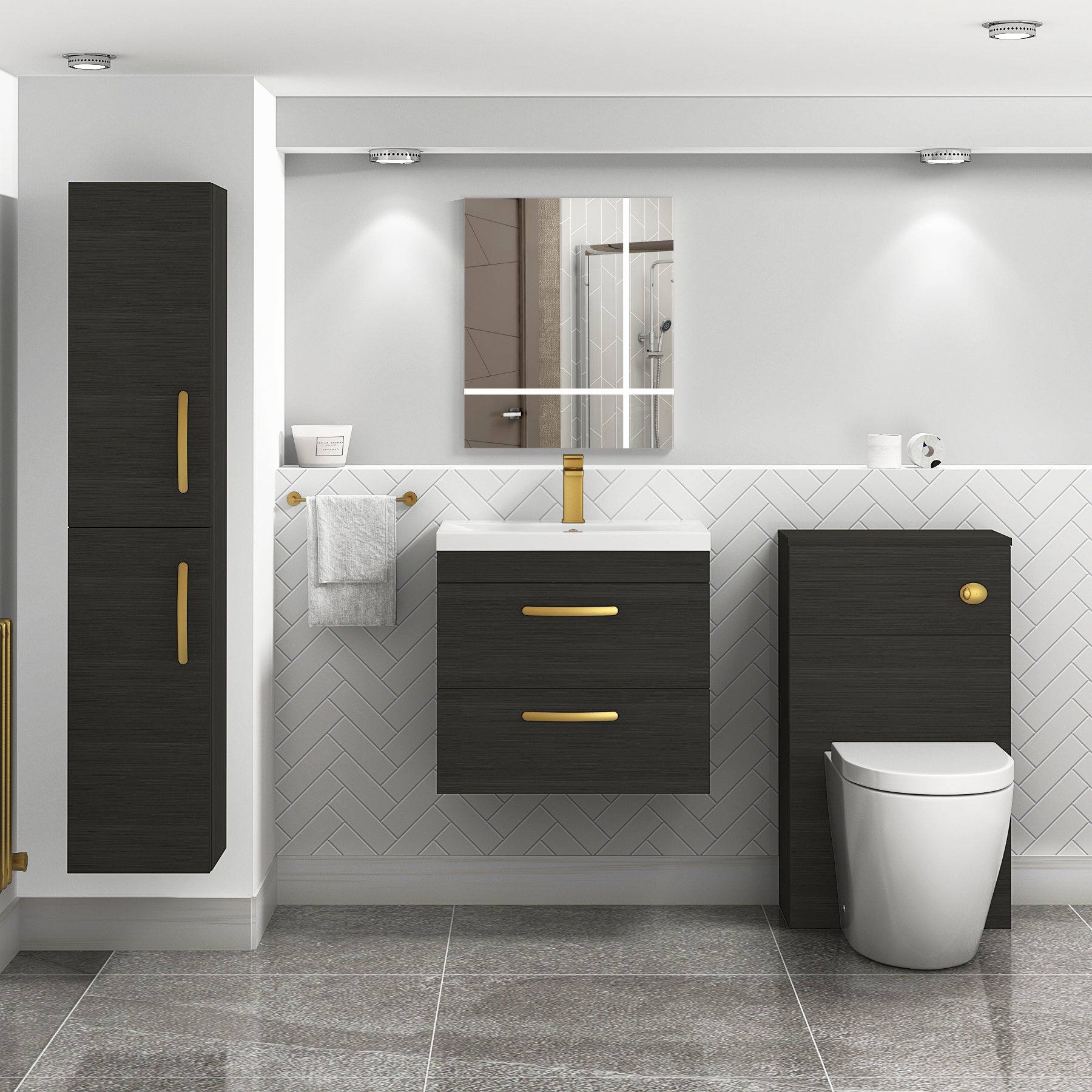 Turin 600mm Wall Hung Vanity Unit Charcoal Oak 2 Drawer - Mid-Edge Sink Unit with Brushed Brass Handle