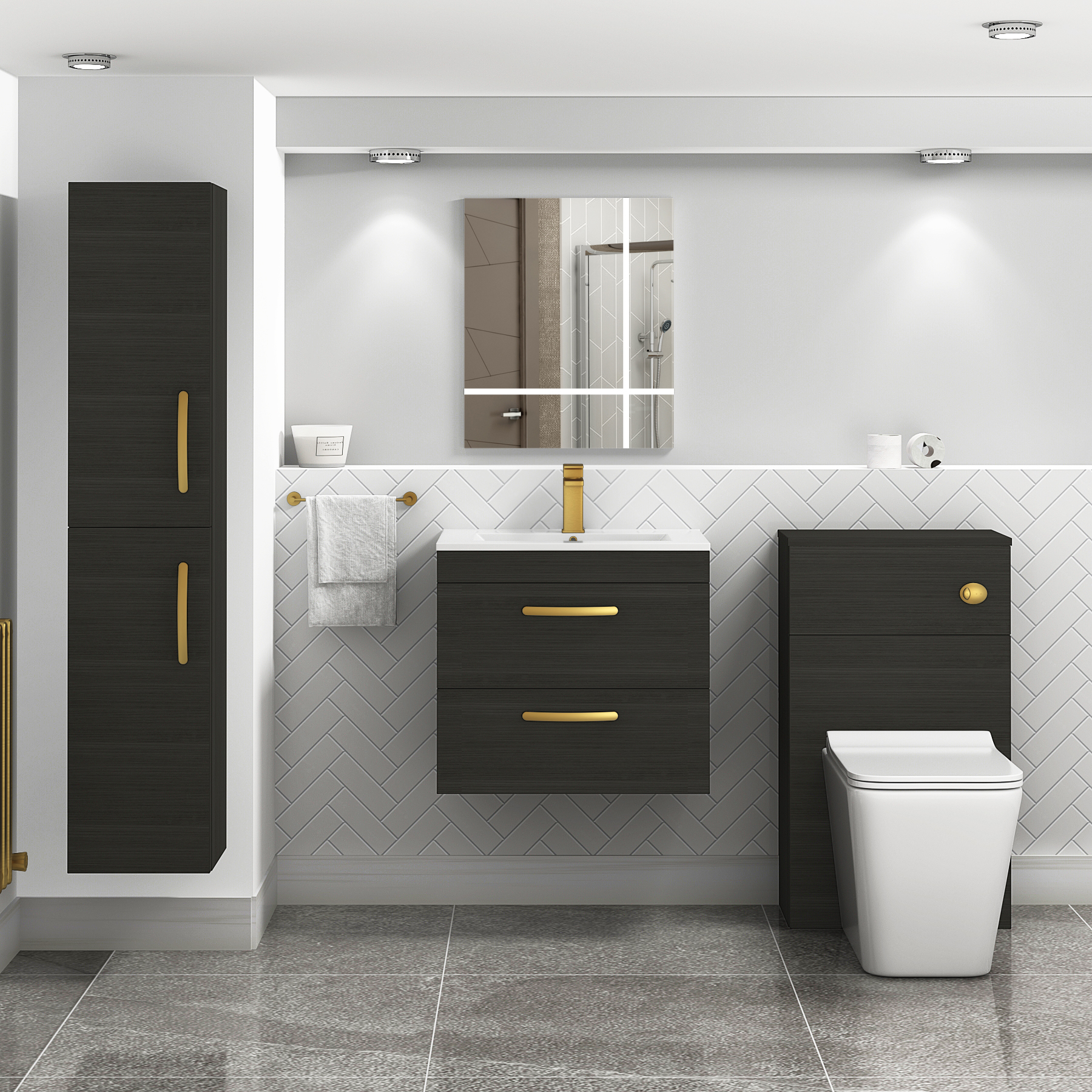 Turin 600mm Wall Hung Vanity Unit Charcoal Oak 2 Drawer - Minimalist Sink Unit with Brushed Brass Handle
