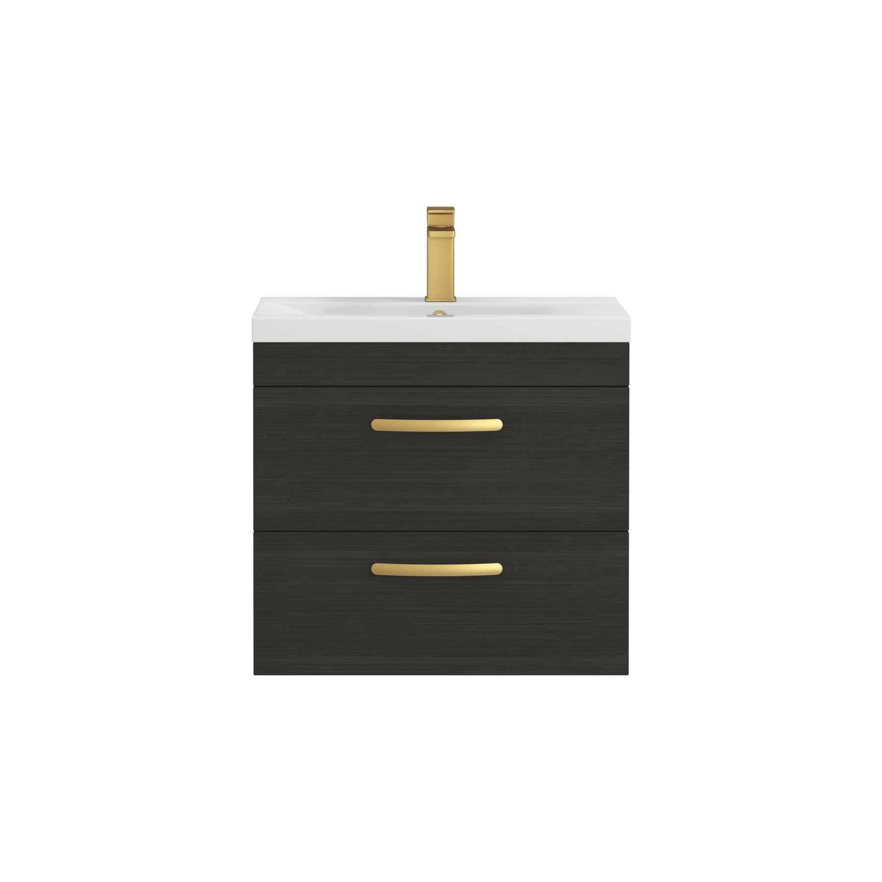 Turin 600mm Wall Hung Vanity Unit Charcoal Oak 2 Drawer - Mid-Edge Sink Unit with Brushed Brass Handle