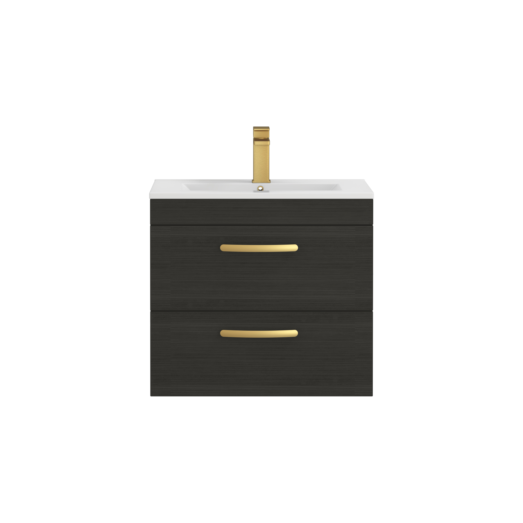 Turin 600mm Wall Hung Vanity Unit Charcoal Oak 2 Drawer - Minimalist Sink Unit with Brushed Brass Handle