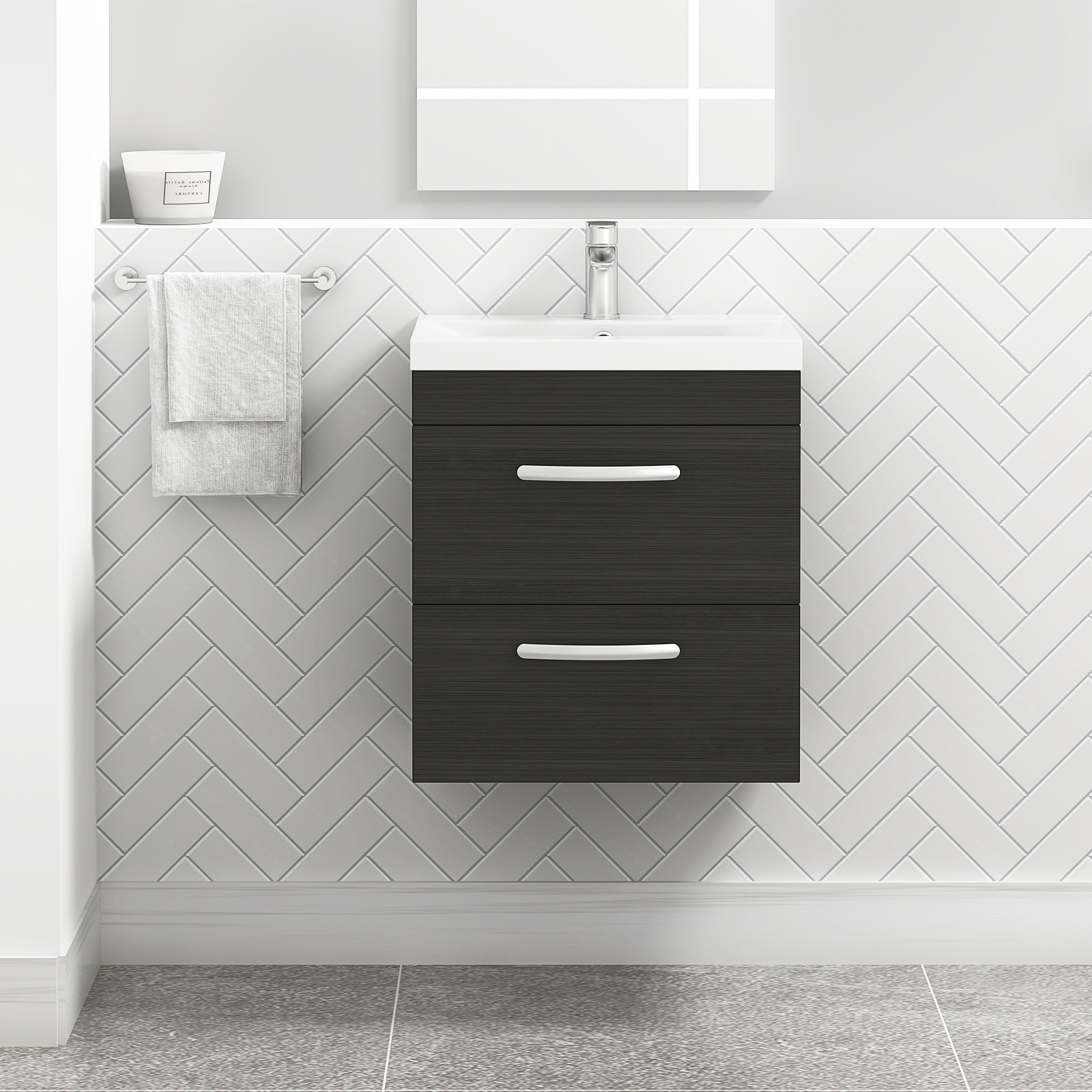 Turin Charcoal Oak 2 Drawer Wall Hung Vanity Unit with Mid-Edge Basin - Multiple Sizes