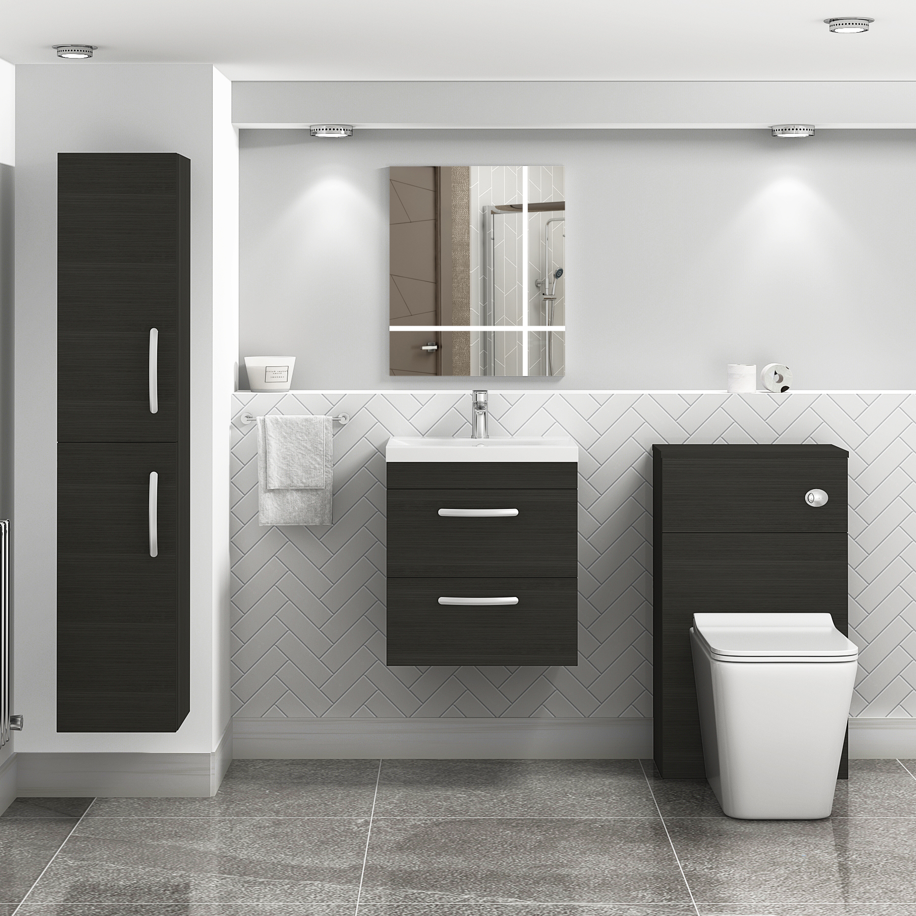 Turin Charcoal Oak 2 Drawer Wall Hung Vanity Unit with Mid-Edge Basin - Multiple Sizes