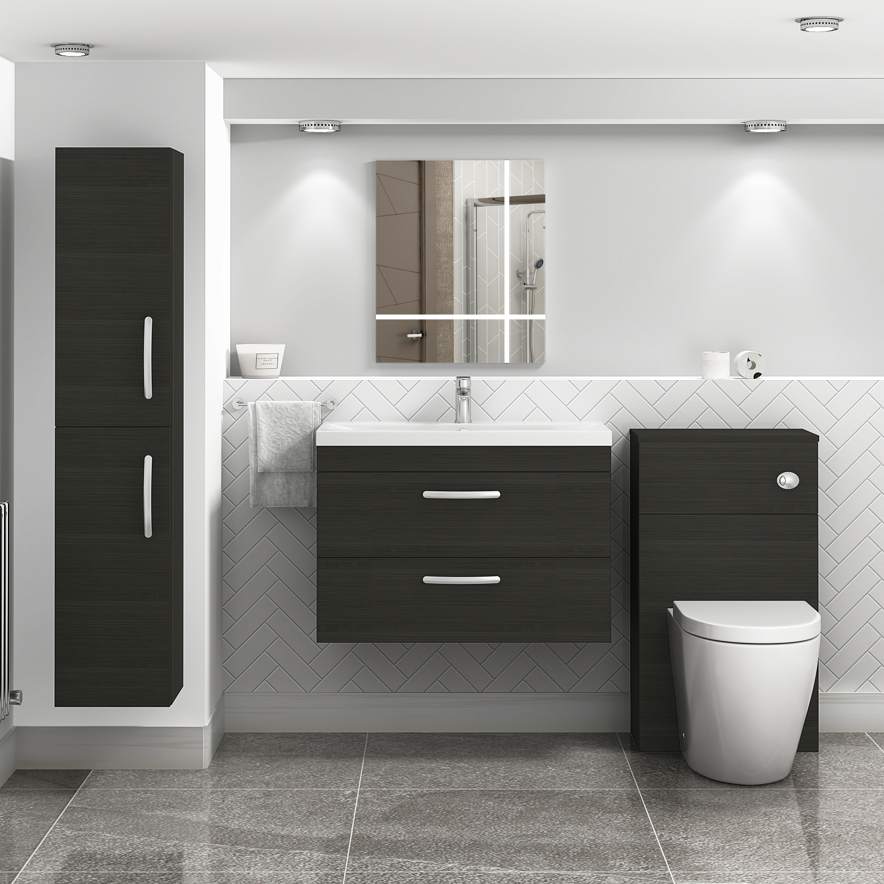 Turin Charcoal Oak 2 Drawer Wall Hung Vanity Unit with Mid-Edge Basin - Multiple Sizes