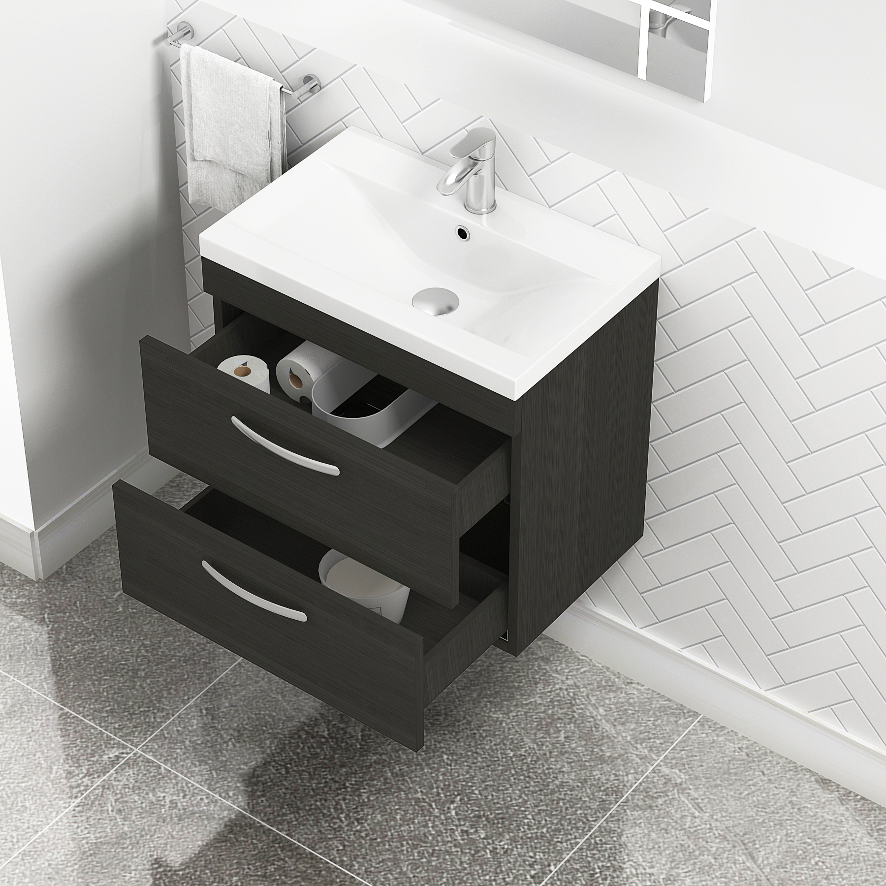 Turin 600mm Wall Hung Vanity Unit Charcoal Oak 2 Drawer - Mid-Edge Sink Unit