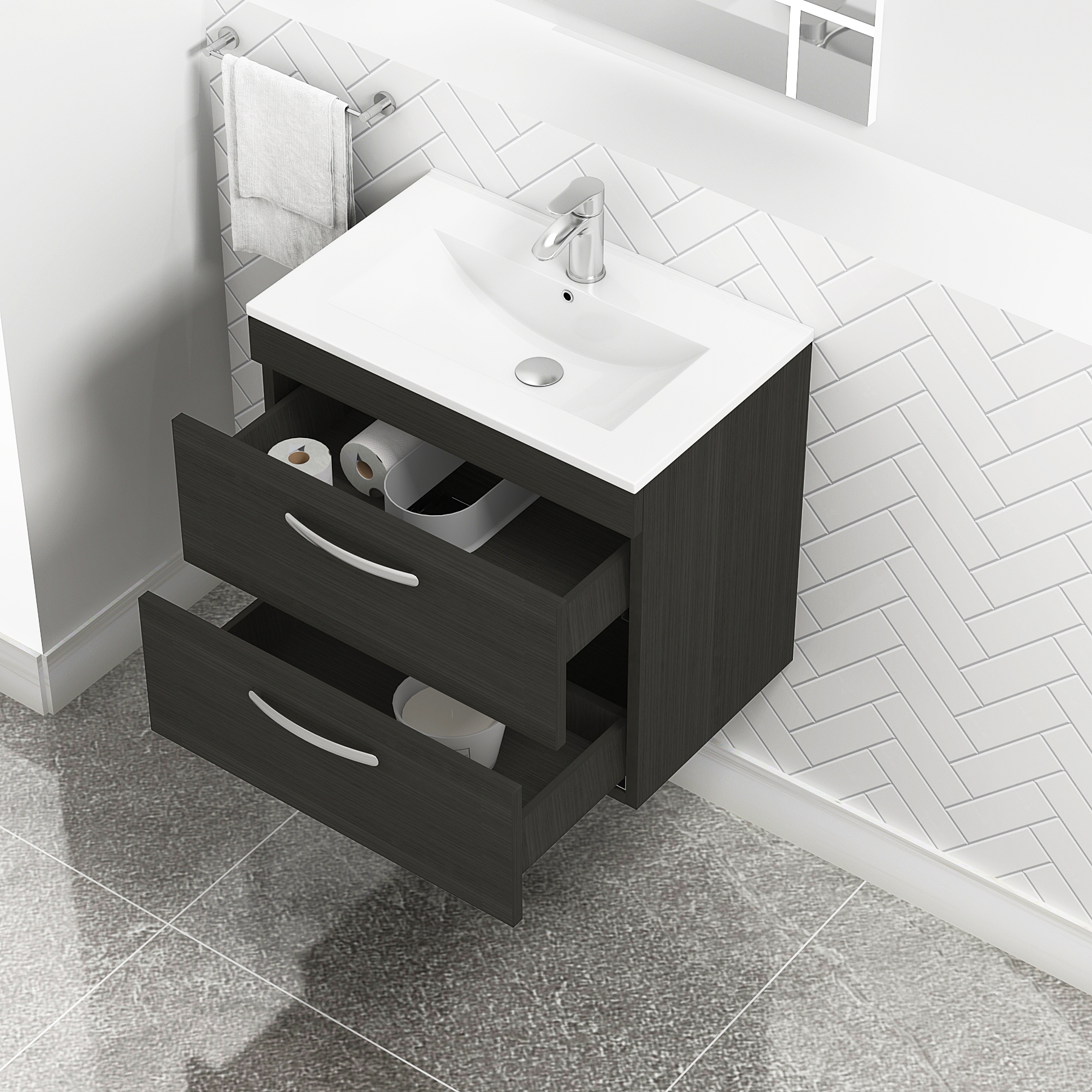 Turin 600mm Wall Hung Vanity Unit Charcoal Oak 2 Drawer - Minimalist Sink Unit