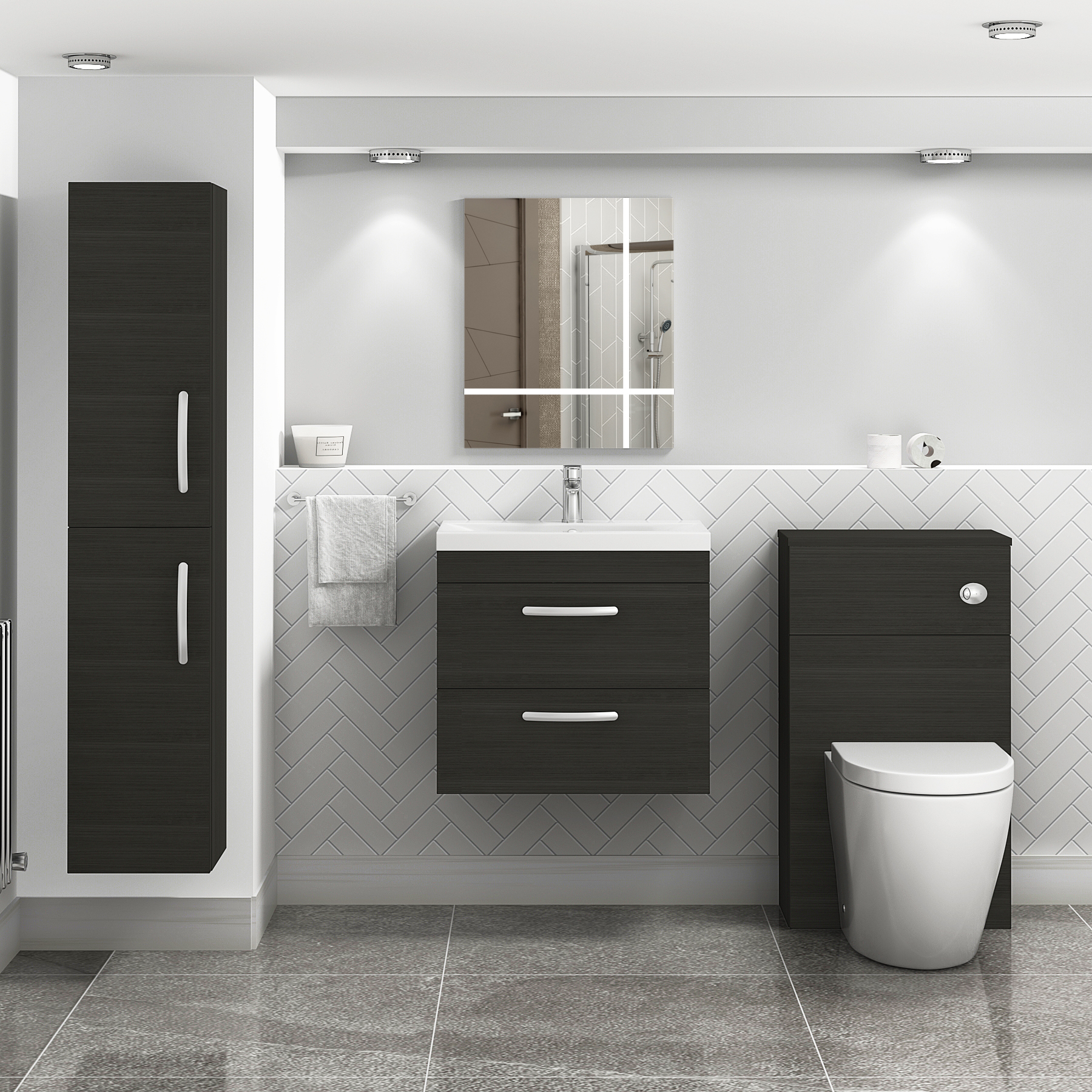 Turin 600mm Wall Hung Vanity Unit Charcoal Oak 2 Drawer - Mid-Edge Sink Unit