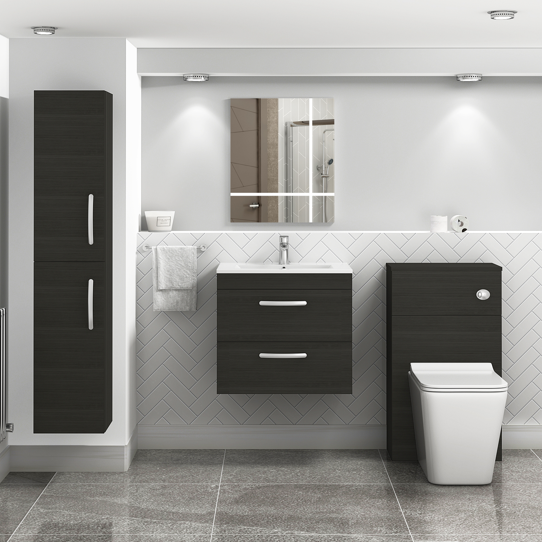 Turin 600mm Wall Hung Vanity Unit Charcoal Oak 2 Drawer - Minimalist Sink Unit