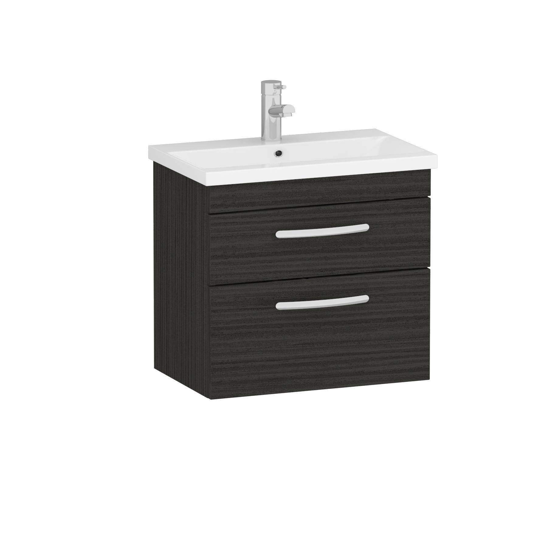 Turin 600mm Wall Hung Vanity Unit Charcoal Oak 2 Drawer - Mid-Edge Sink Unit