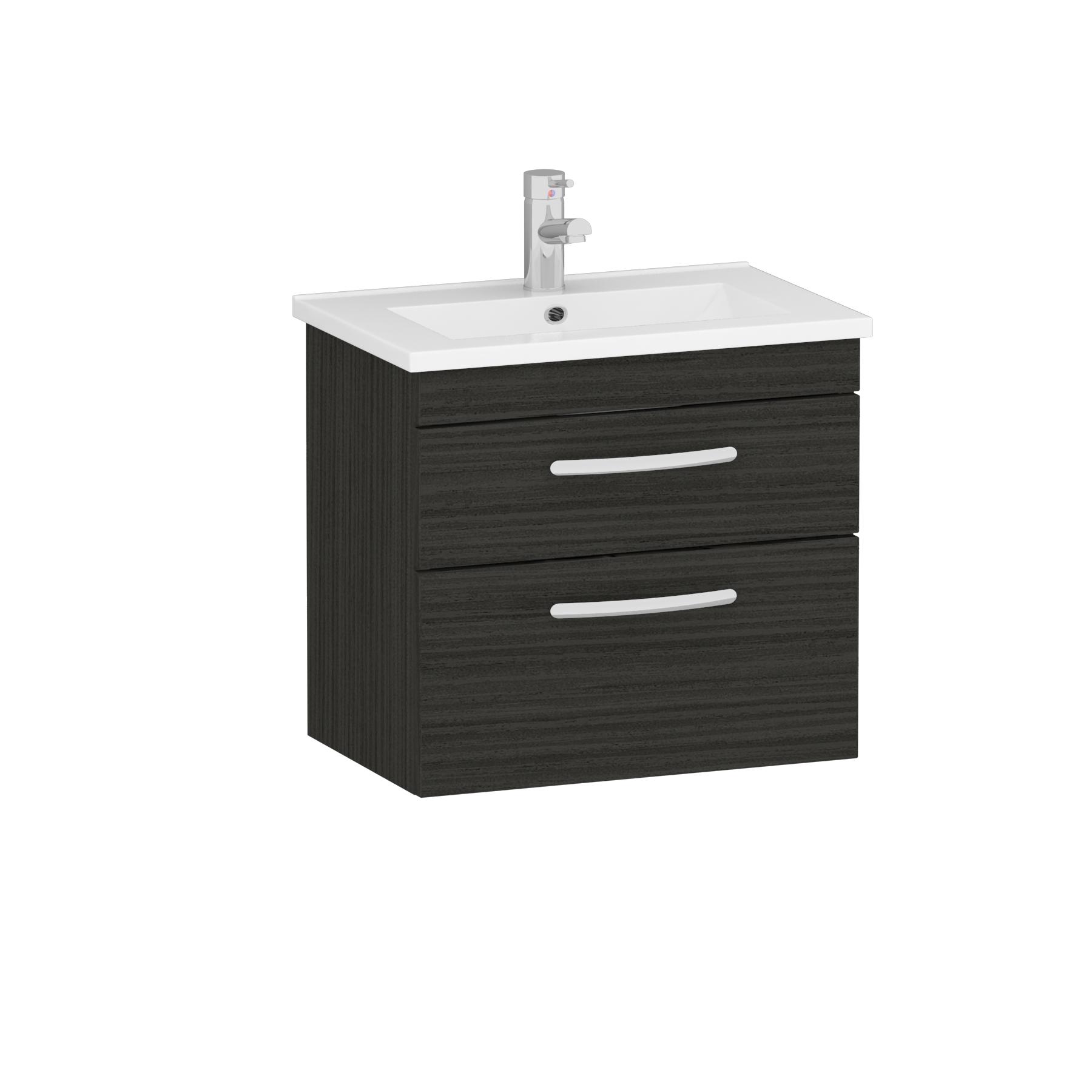 Turin 600mm Wall Hung Vanity Unit Charcoal Oak 2 Drawer - Minimalist Sink Unit