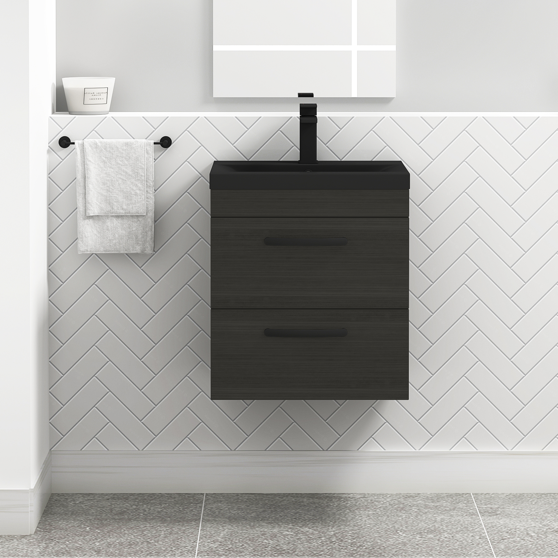 Turin Wall Hung 2 Drawer Vanity Unit with Black Basin - Multiple Sizes & Colours
