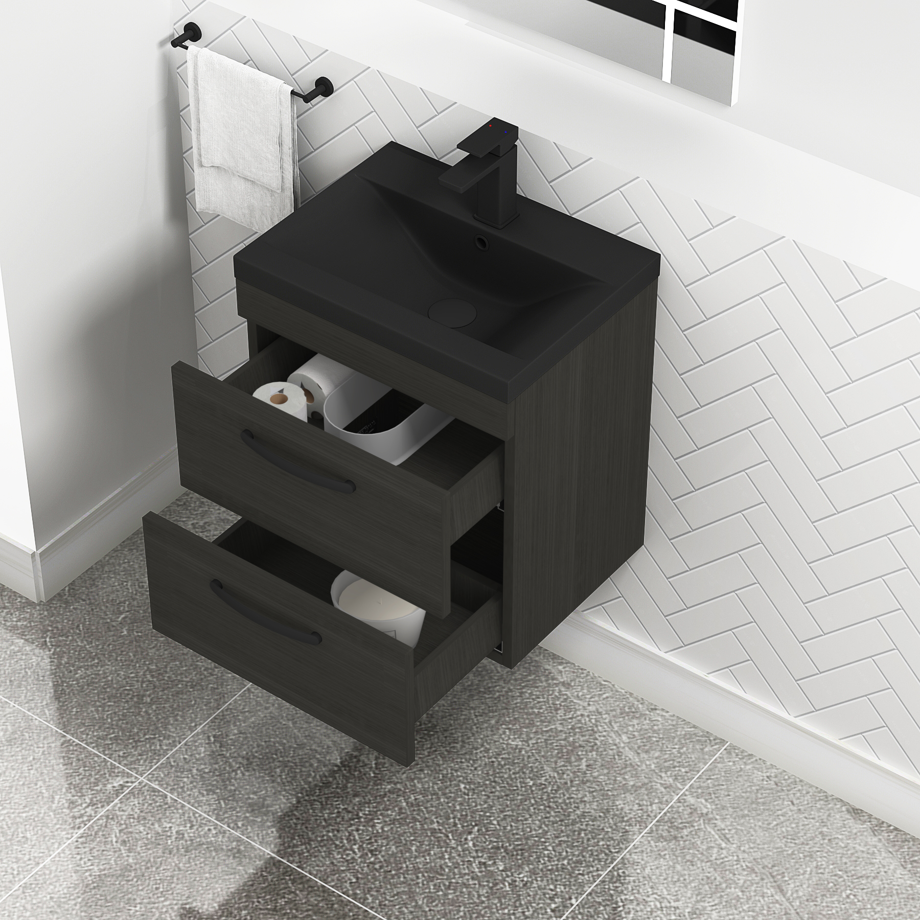 Turin Wall Hung 2 Drawer Vanity Unit with Black Basin - Multiple Sizes & Colours