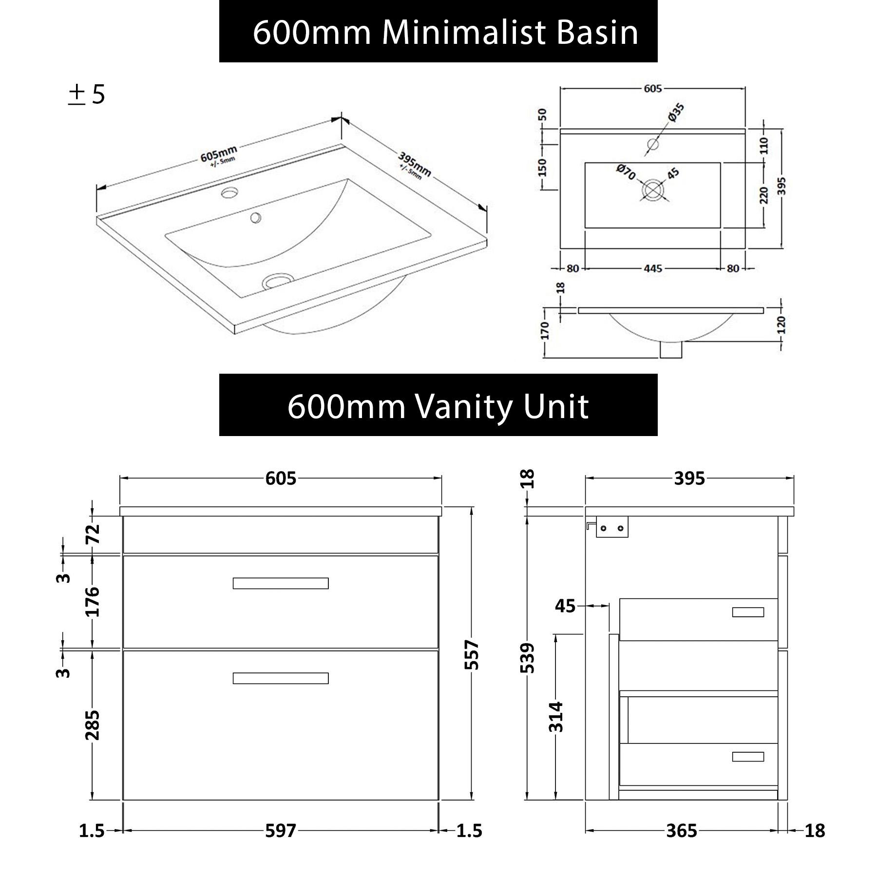 Turin 600mm Wall Hung Vanity Unit Charcoal Oak 2 Drawer - Minimalist Sink Unit
