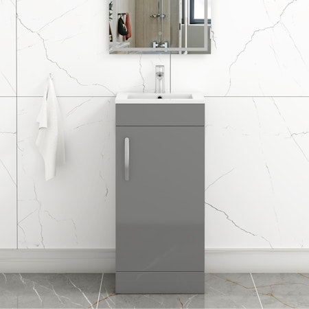 Turin 400mm Floor Standing Vanity Unit Indigo Grey Gloss - 1 Door Basin Unit