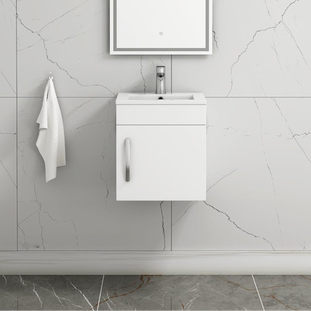 Turin 400mm Cloakroom Wall Hung Vanity Sink Unit Gloss White - 1 Door