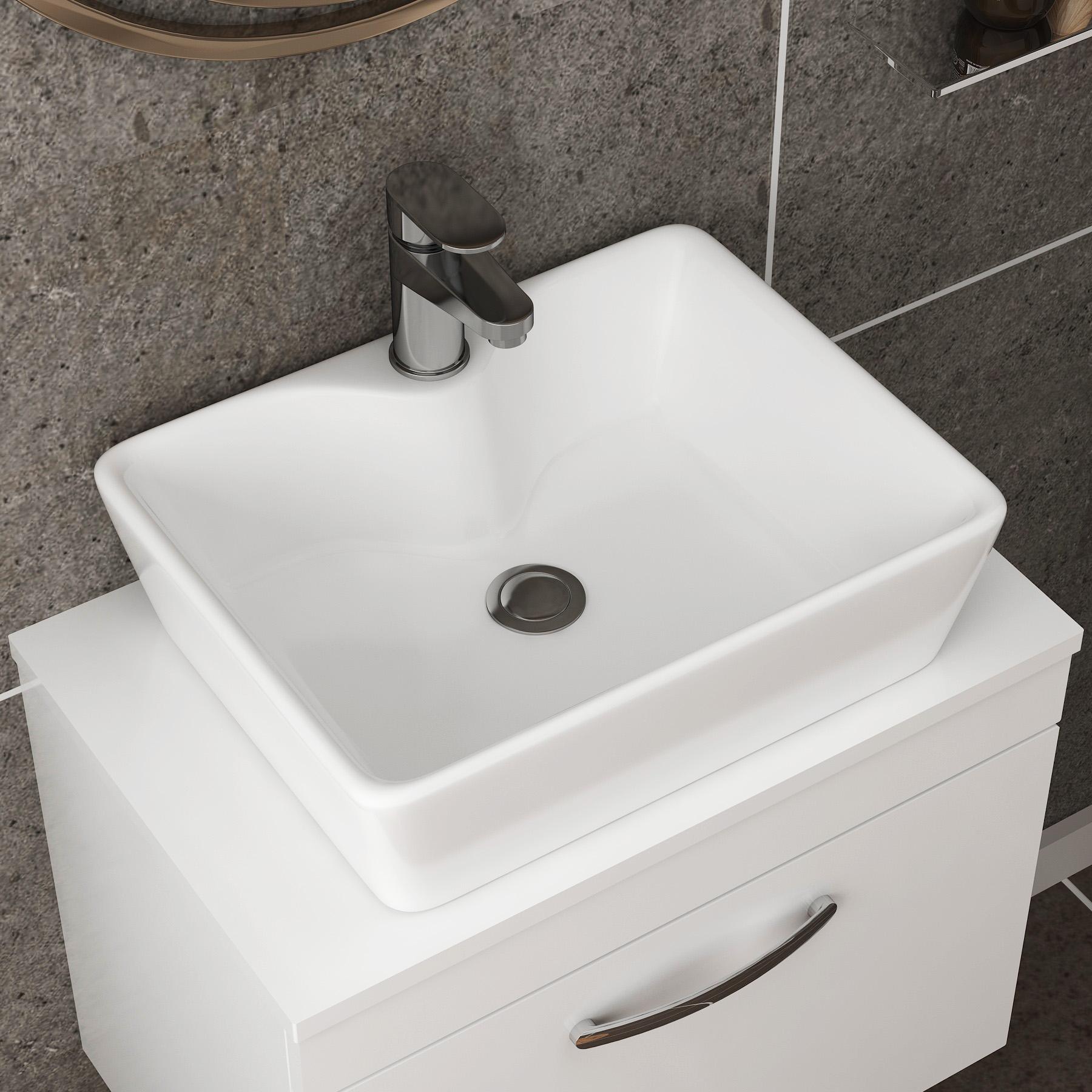 500/600/800mm Wall Hung Vanity Unit 2-Drawer Gloss White & Cube Countertop Basin - Various Sizes