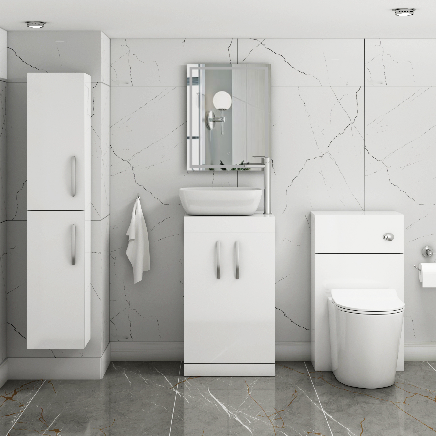 500mm Floor Standing Vanity Unit 2 Door Gloss White & Countertop Basin - Elva