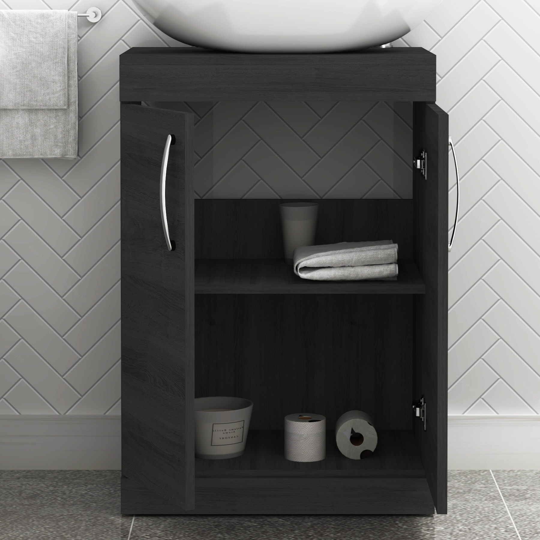 500mm Floor Standing Vanity Unit 2 Door Hale Black & Countertop Basin - Elva