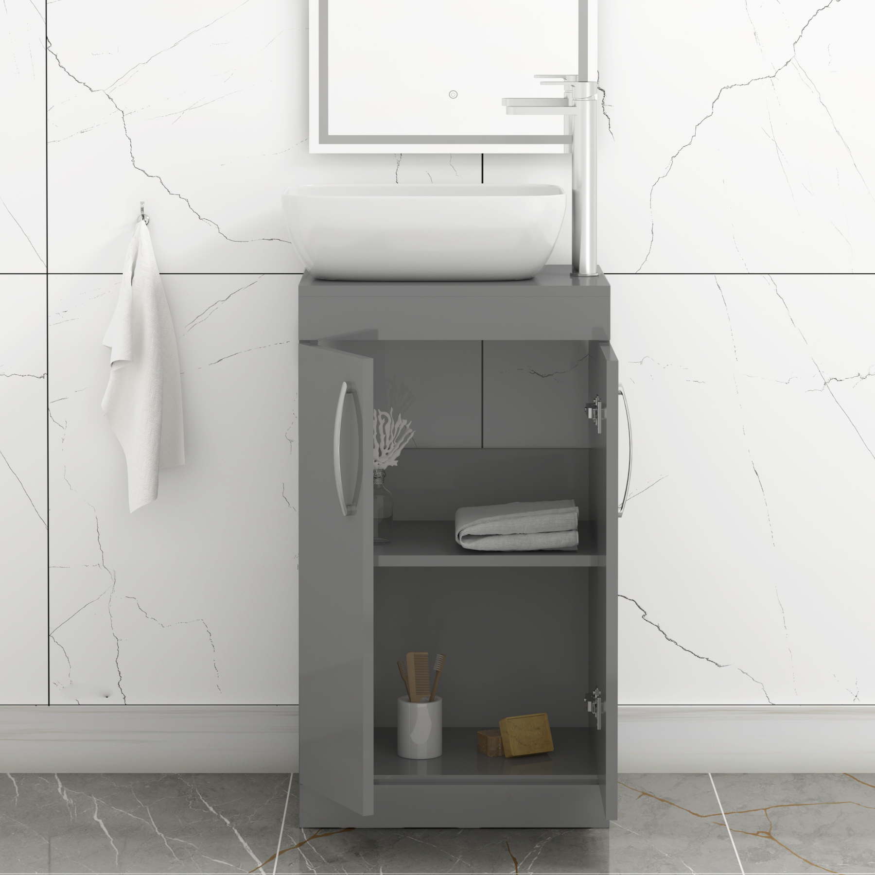 500mm Floor Standing Vanity Unit 2 Door Indigo Grey Gloss & Countertop Basin - Elva