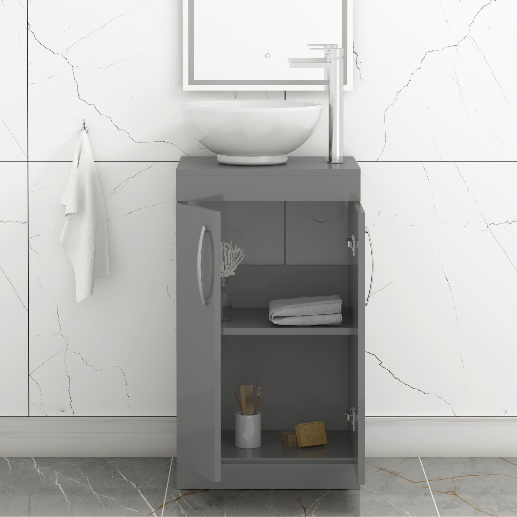 500mm Floor Standing Vanity Unit 2 Door Indigo Grey Gloss & Countertop Basin - Breeze