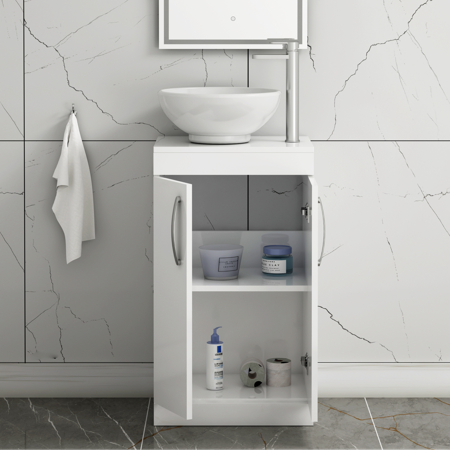 500mm Floor Standing Vanity Unit 2 Door Gloss White & Countertop Basin - Breeze