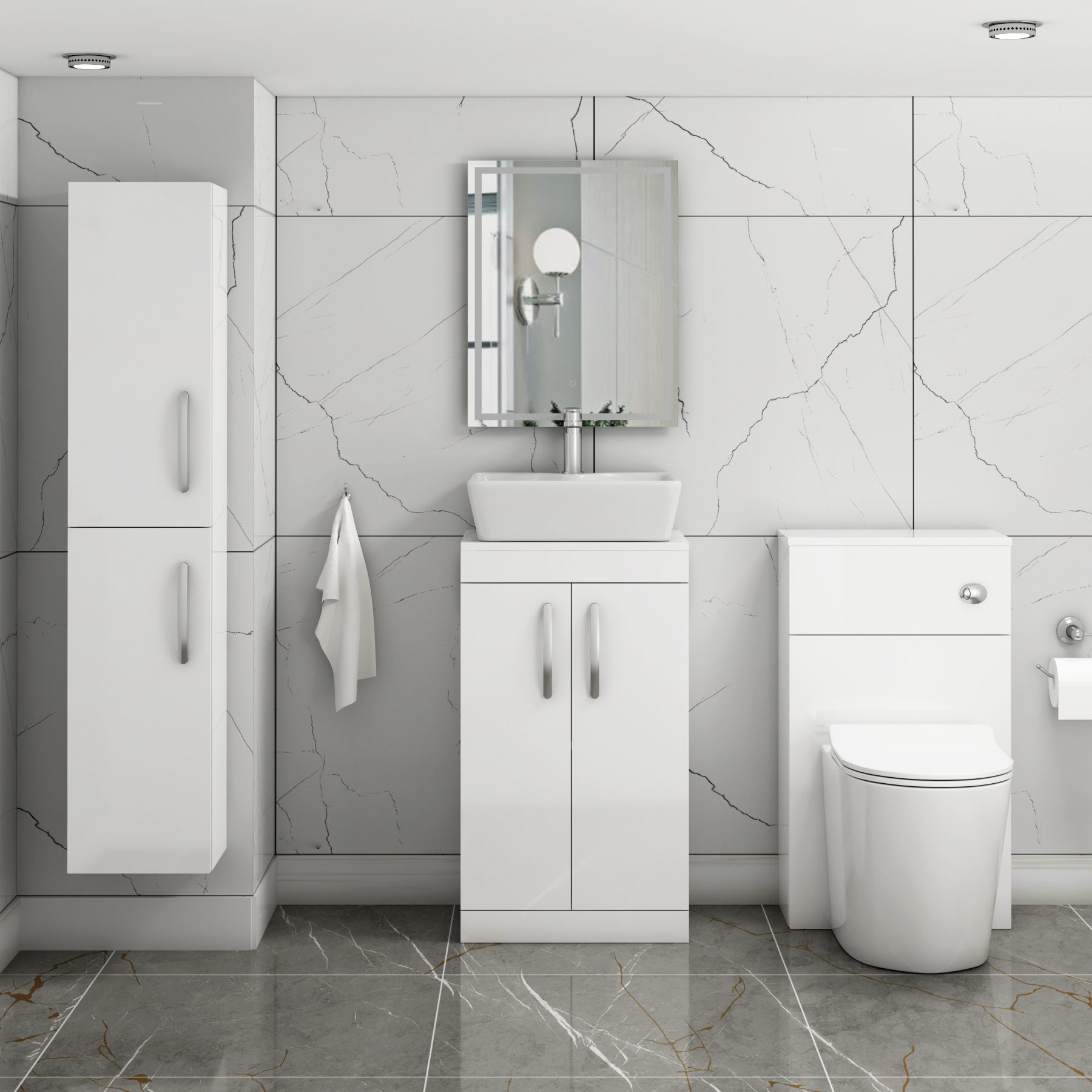 500mm Floor Standing Vanity Unit 2 Door Gloss White & Countertop Basin - Cube