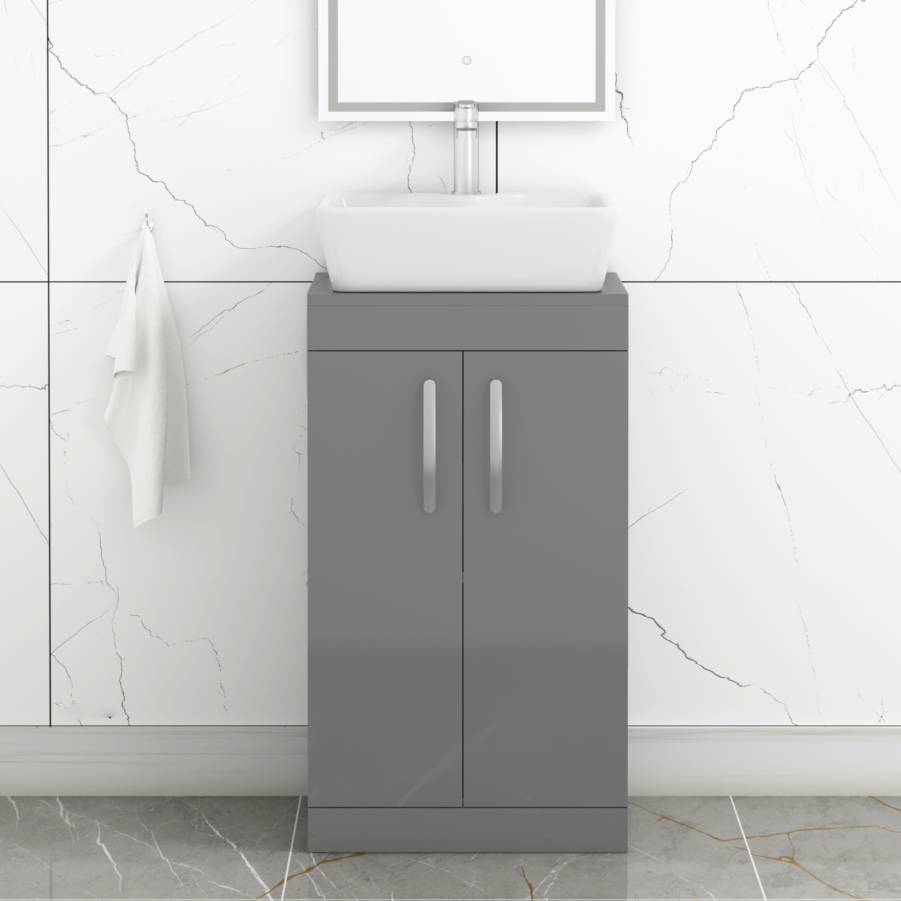 500mm Floor Standing Vanity Unit 2 Door Indigo Grey Gloss & Countertop Basin - Cube