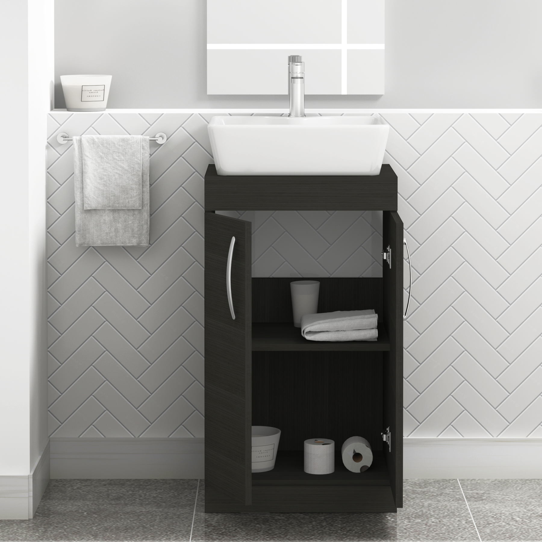 500mm Floor Standing Vanity Unit 2 Door Hale Black & Countertop Basin - Cube