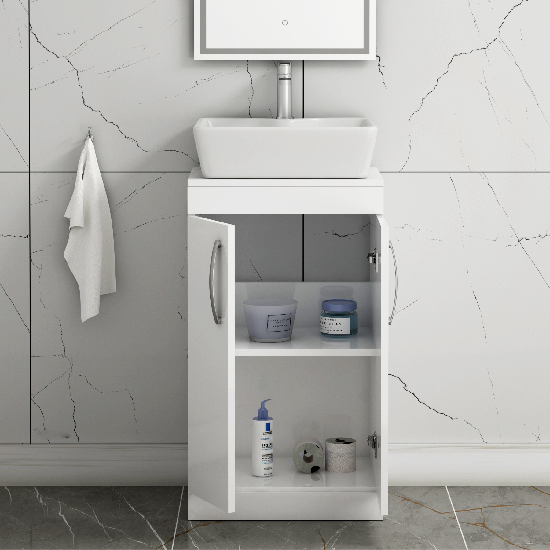 500mm Floor Standing Vanity Unit 2 Door Gloss White & Countertop Basin - Cube