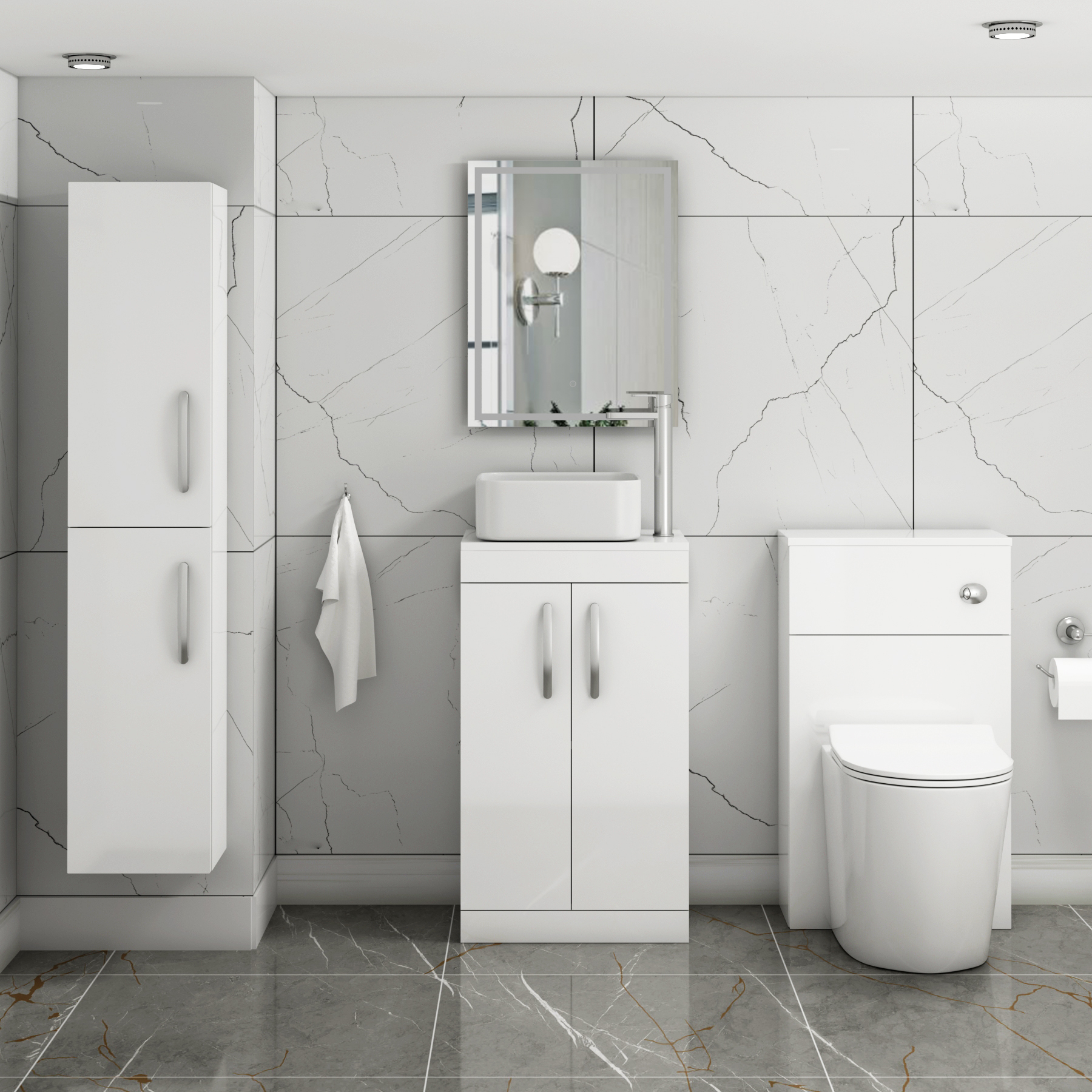 500mm Floor Standing Vanity Unit 2 Door Gloss White & Countertop Basin - Elena