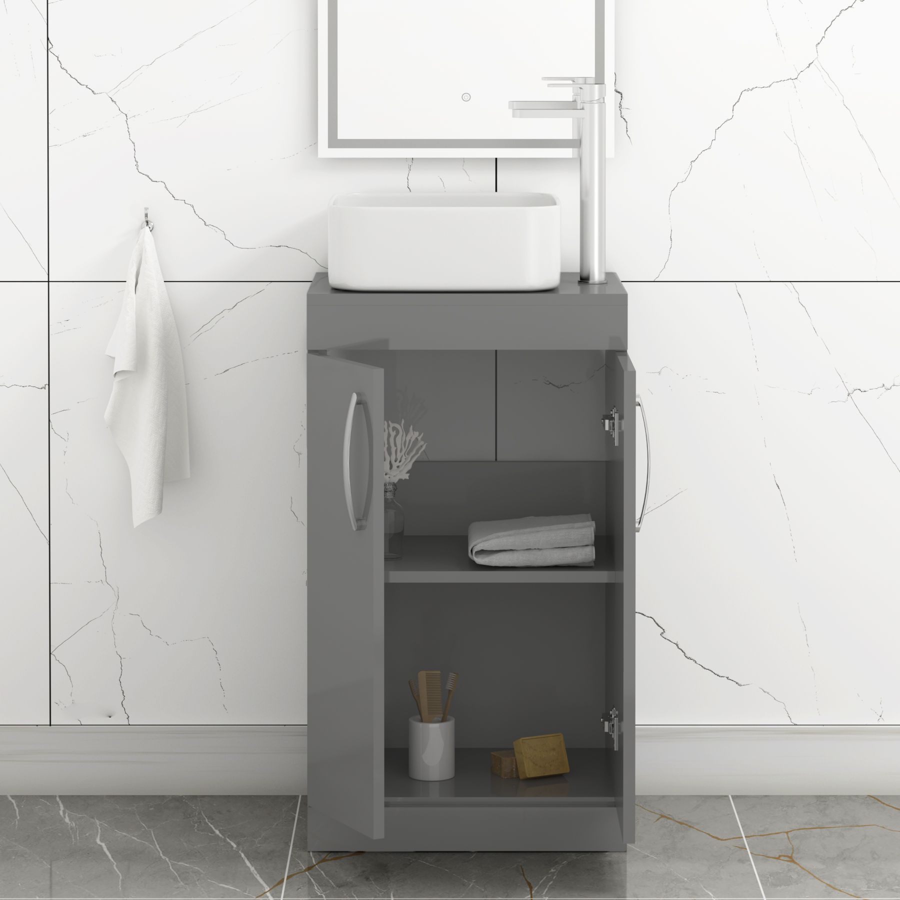 500mm Floor Standing Vanity Unit 2 Door Indigo Grey Gloss & Countertop Basin - Elena