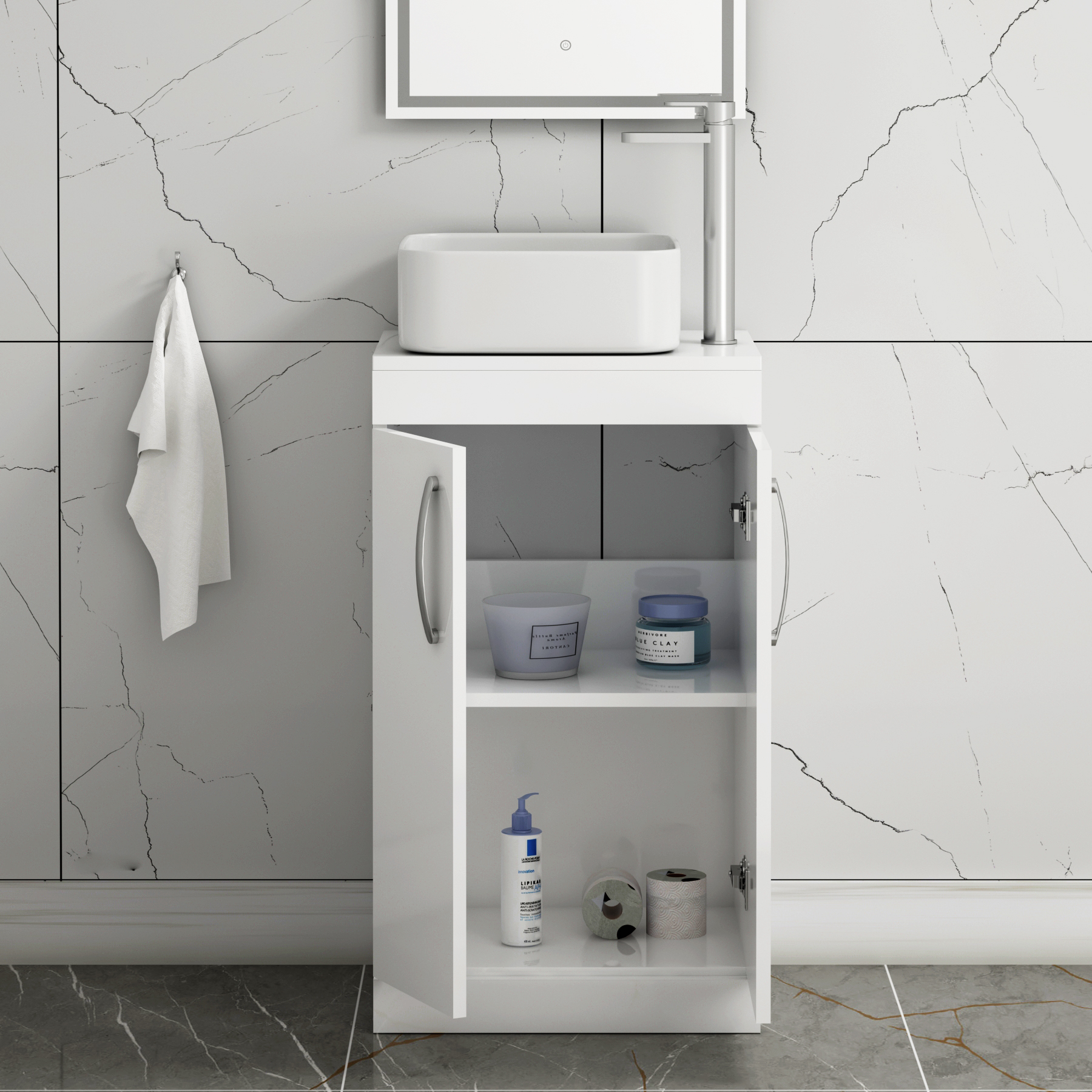 500mm Floor Standing Vanity Unit 2 Door Gloss White & Countertop Basin - Elena