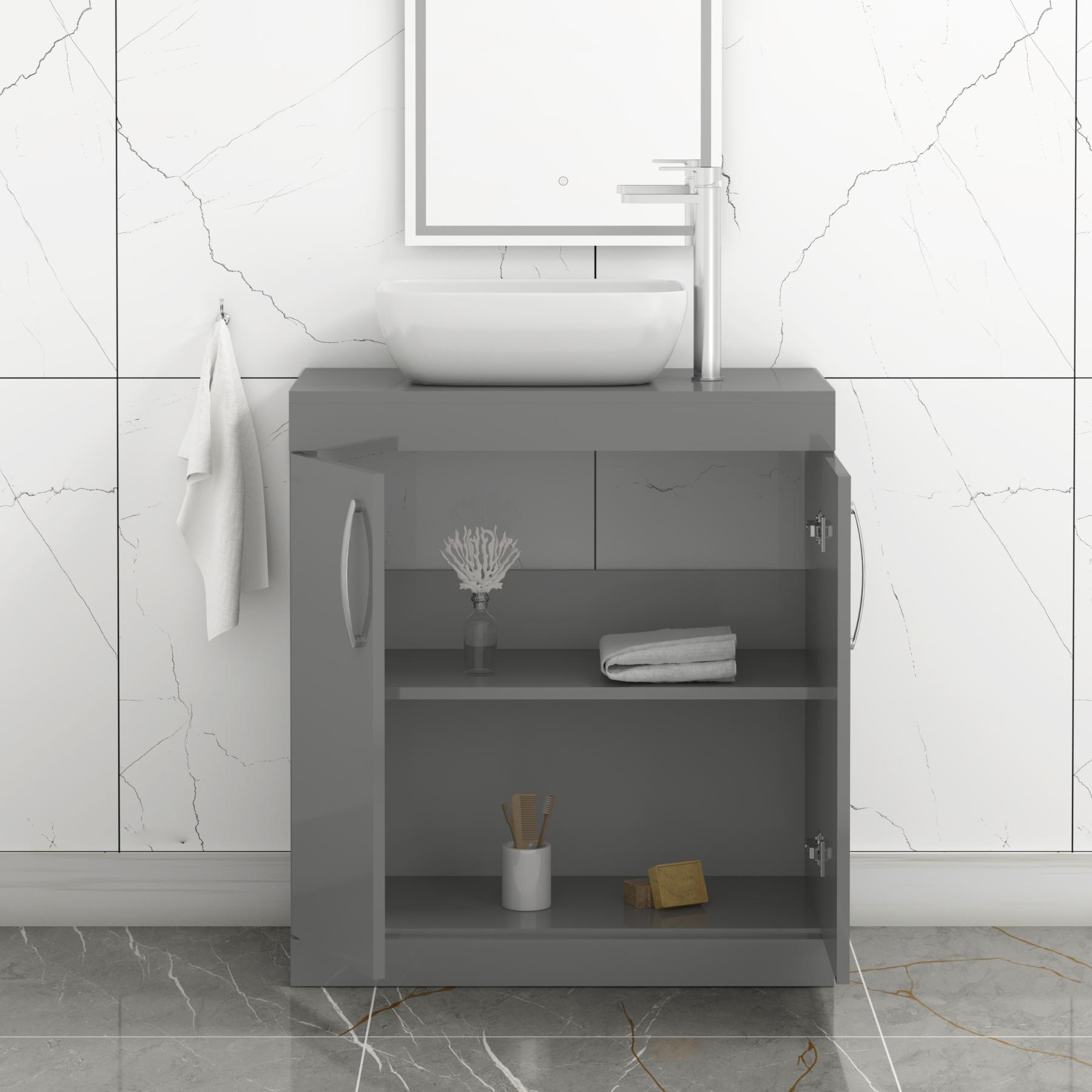 Turin 800mm Floor Standing Vanity Unit 2 Door Indigo Grey Gloss & Countertop Basin - Elva