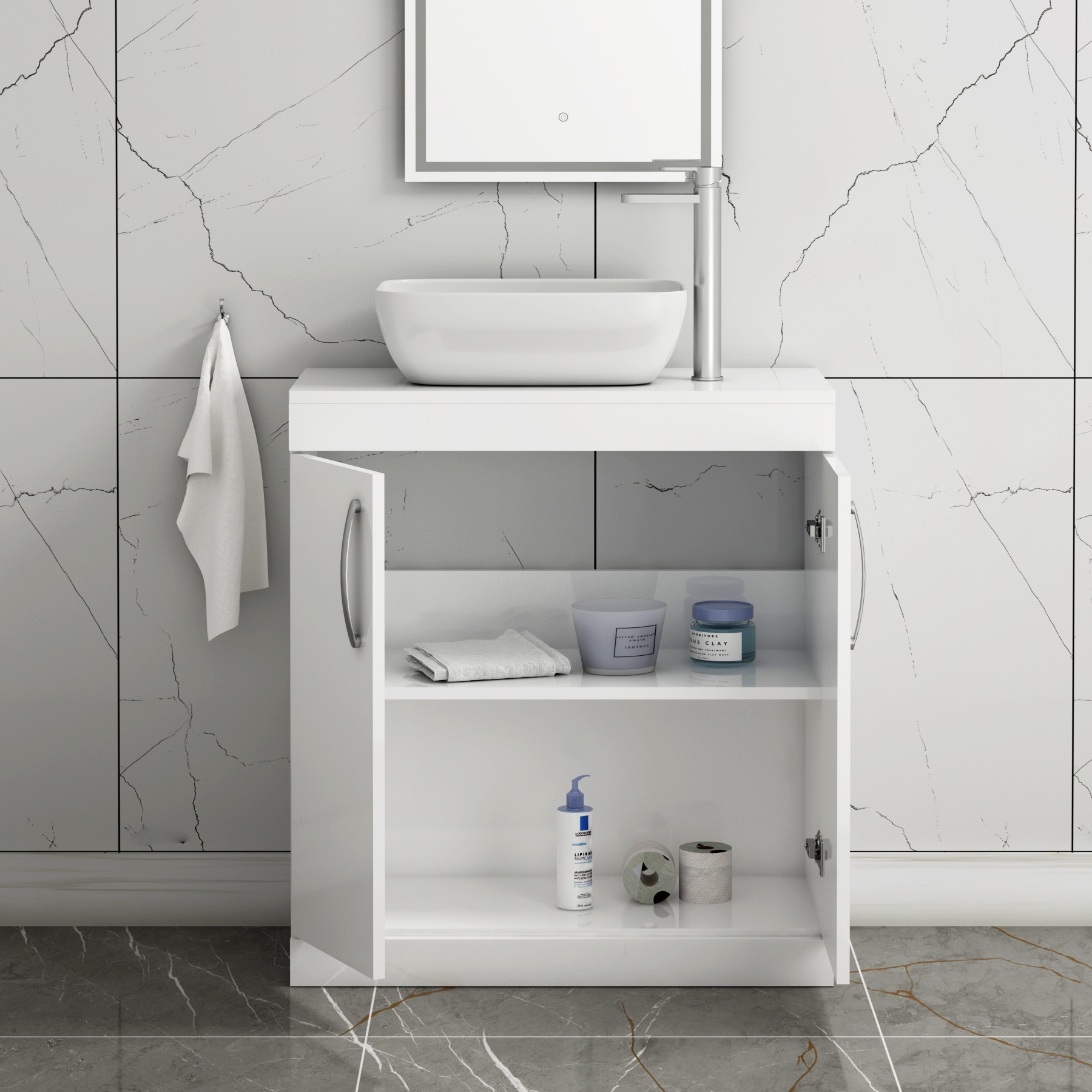 Turin 800mm Floor Standing Vanity Unit 2 Door Gloss White & Countertop Basin - Elva